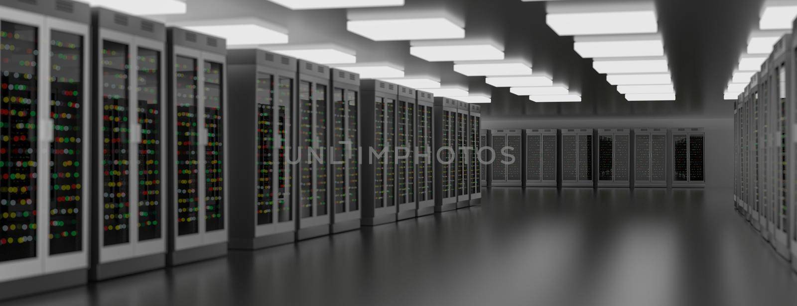 Server racks in server room cloud data center. Datacenter hardware cluster. Backup, hosting, mainframe, mining, farm and computer rack with storage information. 3D rendering. 3D illustration