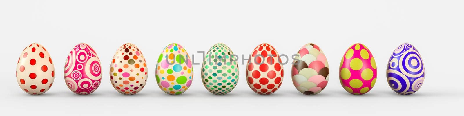 Set of realistic eggs on white background. Easter collection. 3D rendering illustration.