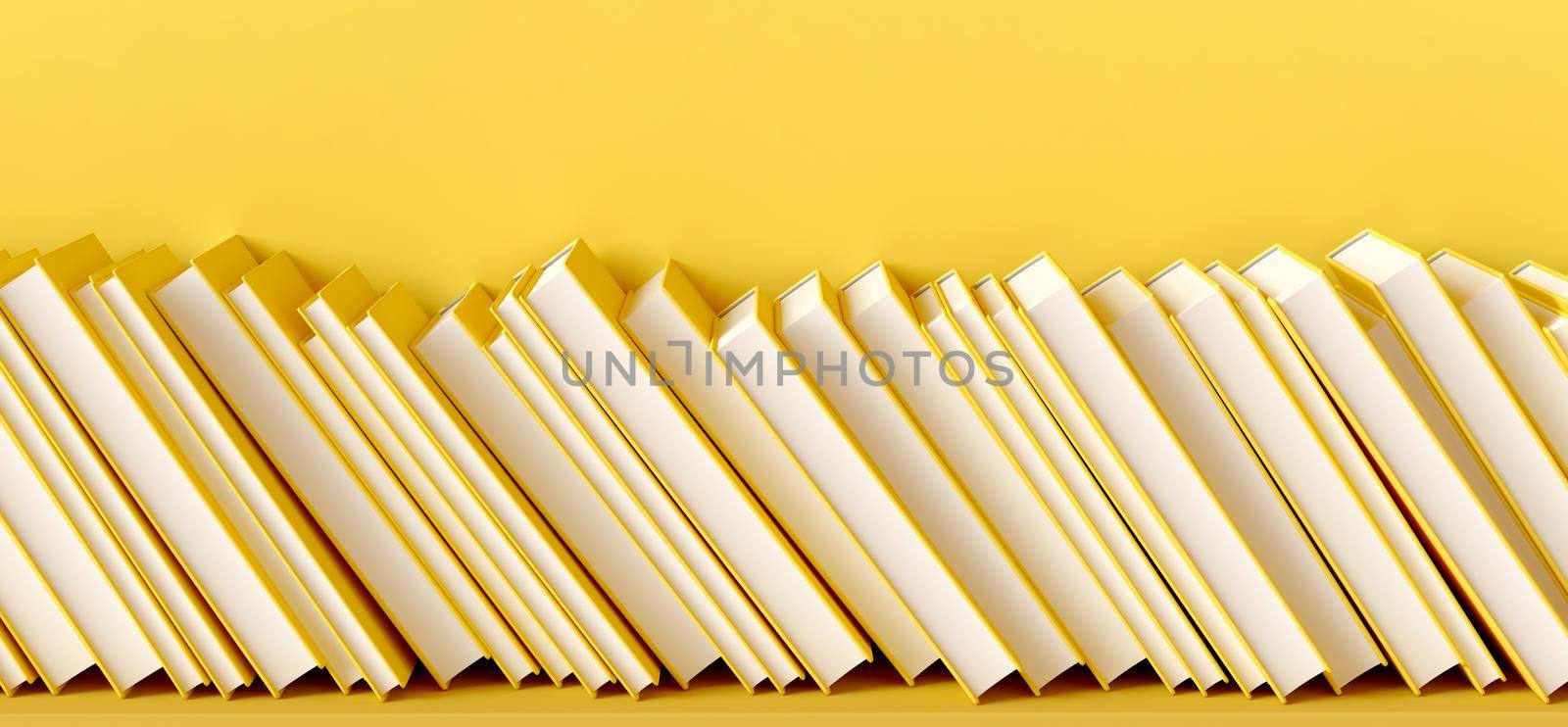 The books are tilted on a yellow shelf, 3D rendering illustration.