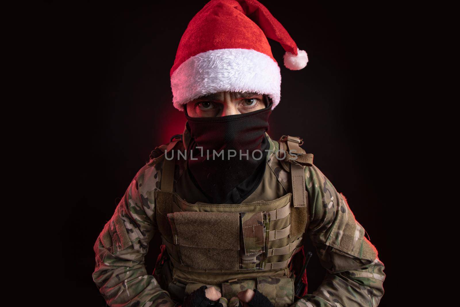 the girl in military overalls airsoft posing with a gun in his hands on a dark background in the haze in neon light by Rotozey