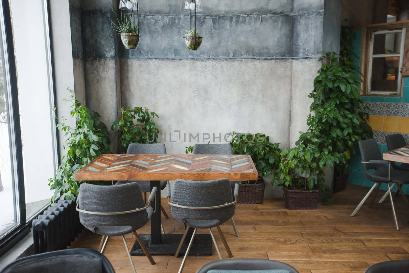 Interior shot of cafeteria with modern design and furniture decorated with plenty of green plants.