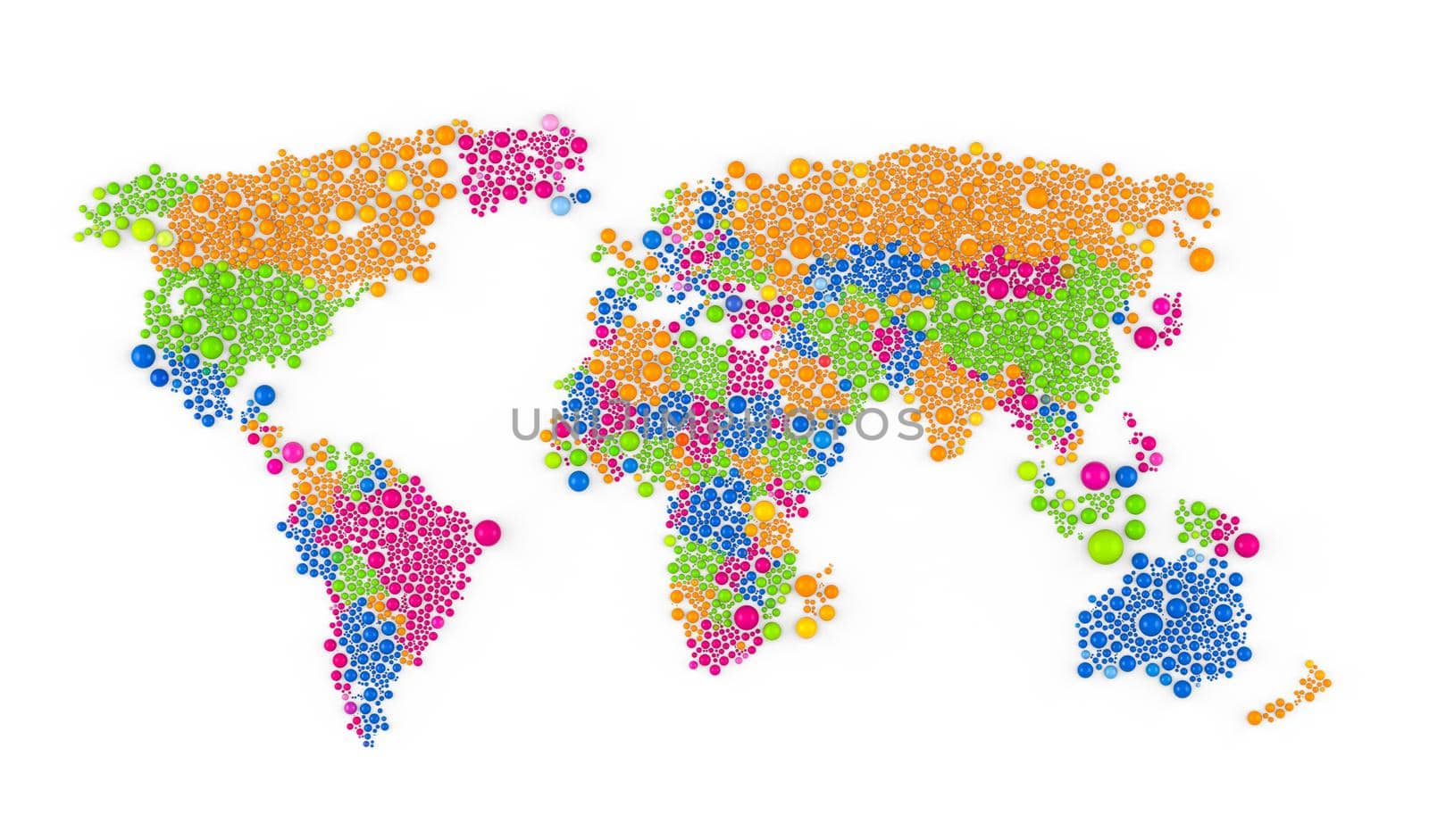 Multicolored raster abstract composition of World Map constructed of spheres items 3D rendering illustration.