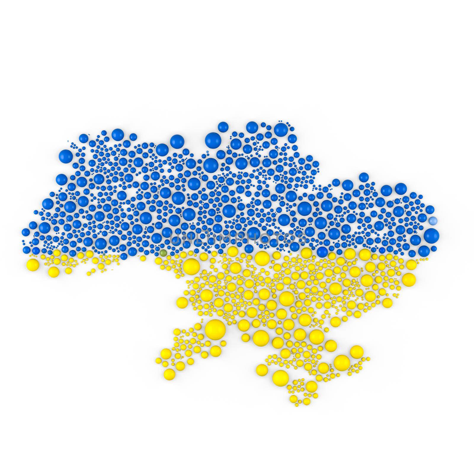 Multicolored raster abstract composition of Ukraine Map constructed of spheres items. Ukraine Map and flag 3D rendering illustration.