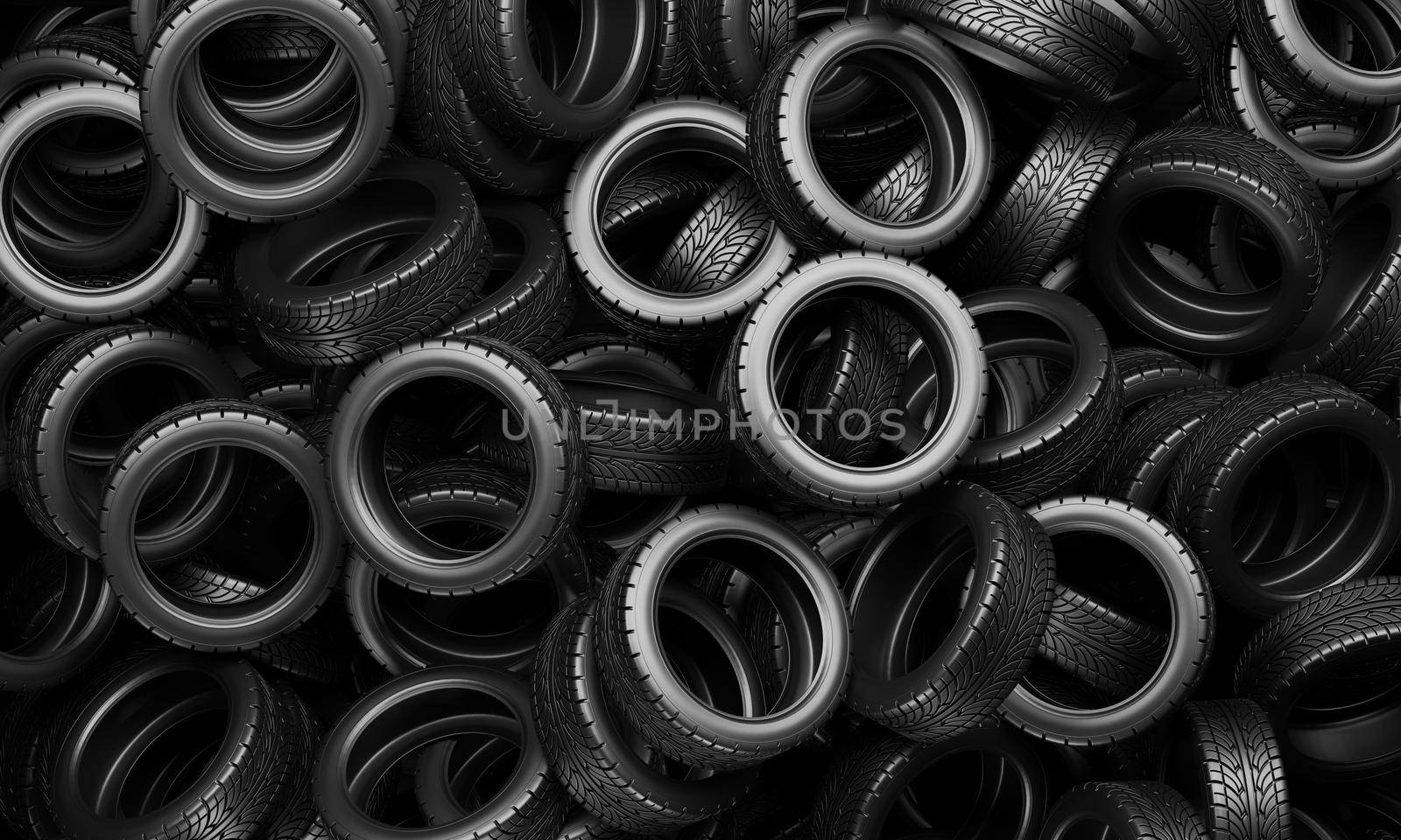 A large pile of car tires, 3D rendering illustration.