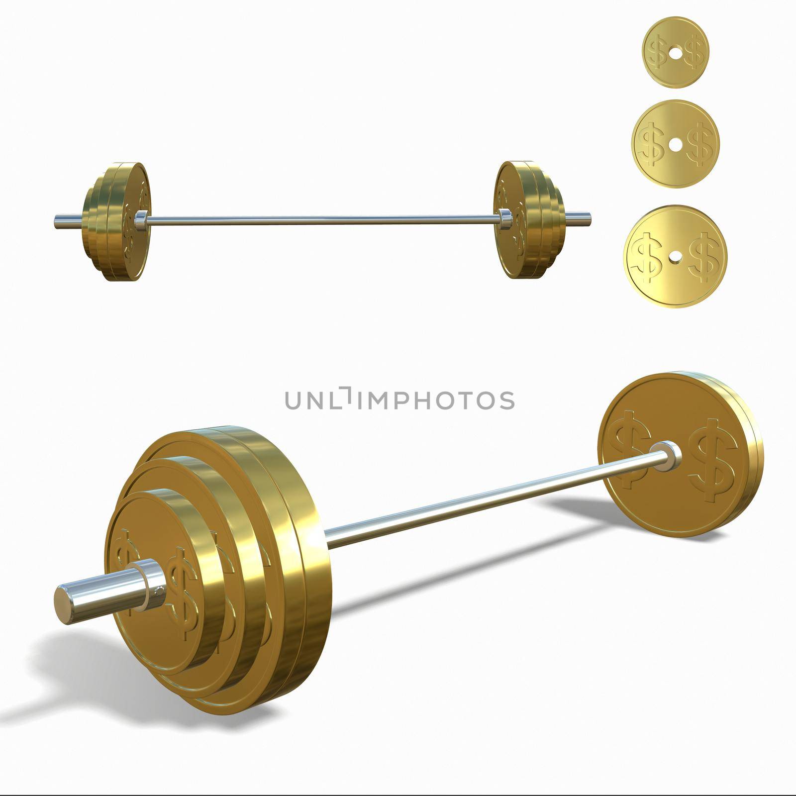 Gold barbell with a dollar sign on a white background 3d-rendering.