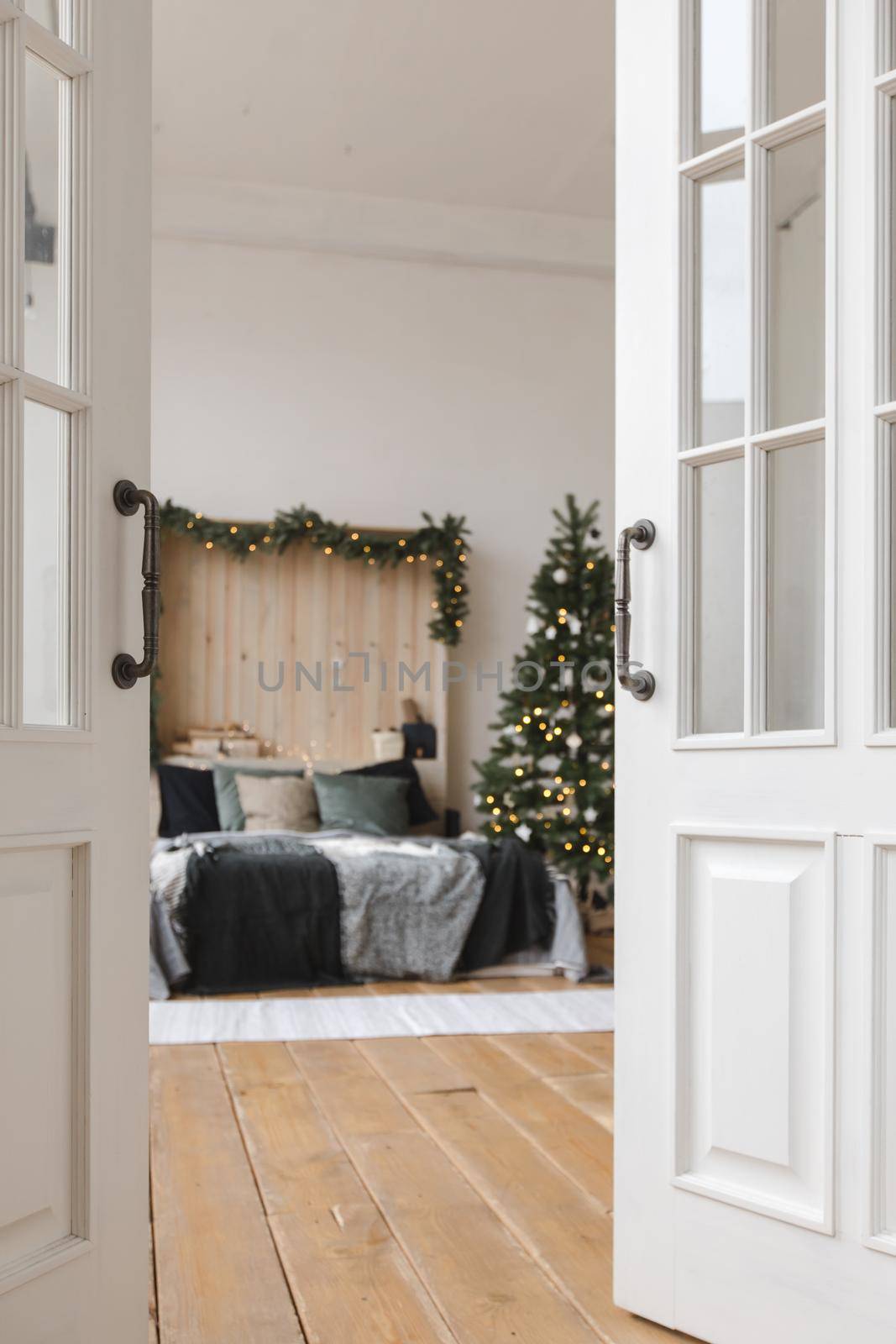 Beautiful interior of bedroom Christmas open door by Demkat