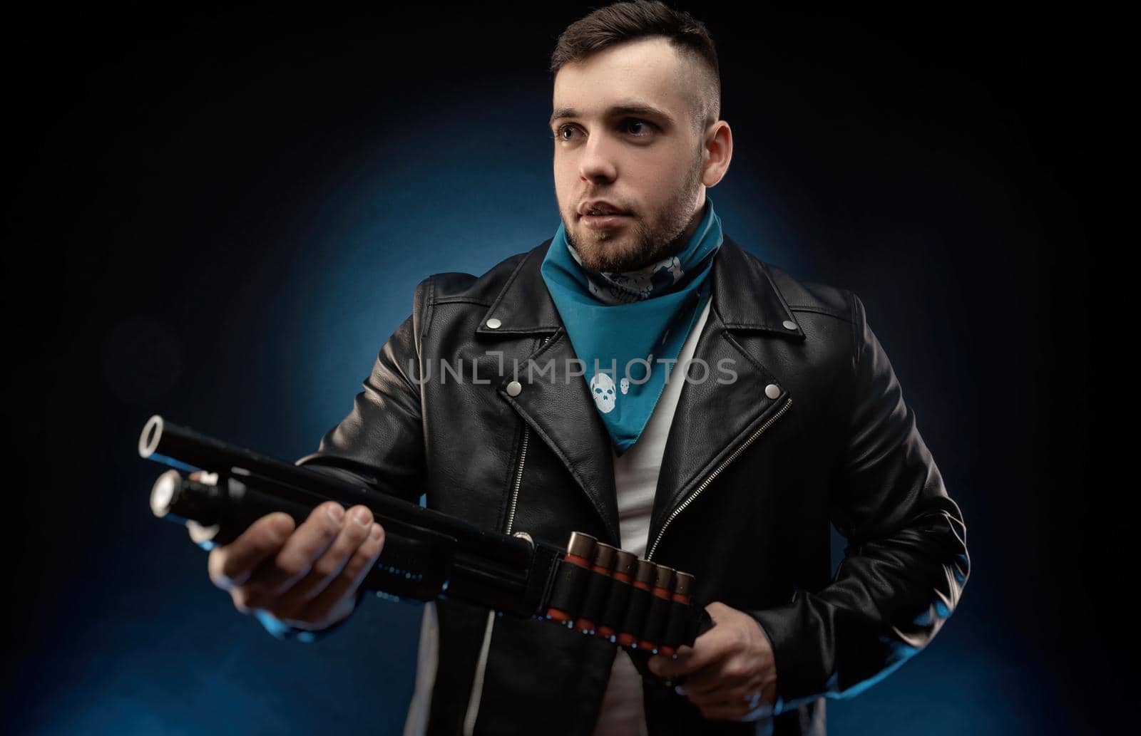 guy in a leather jacket with a shotgun by Rotozey