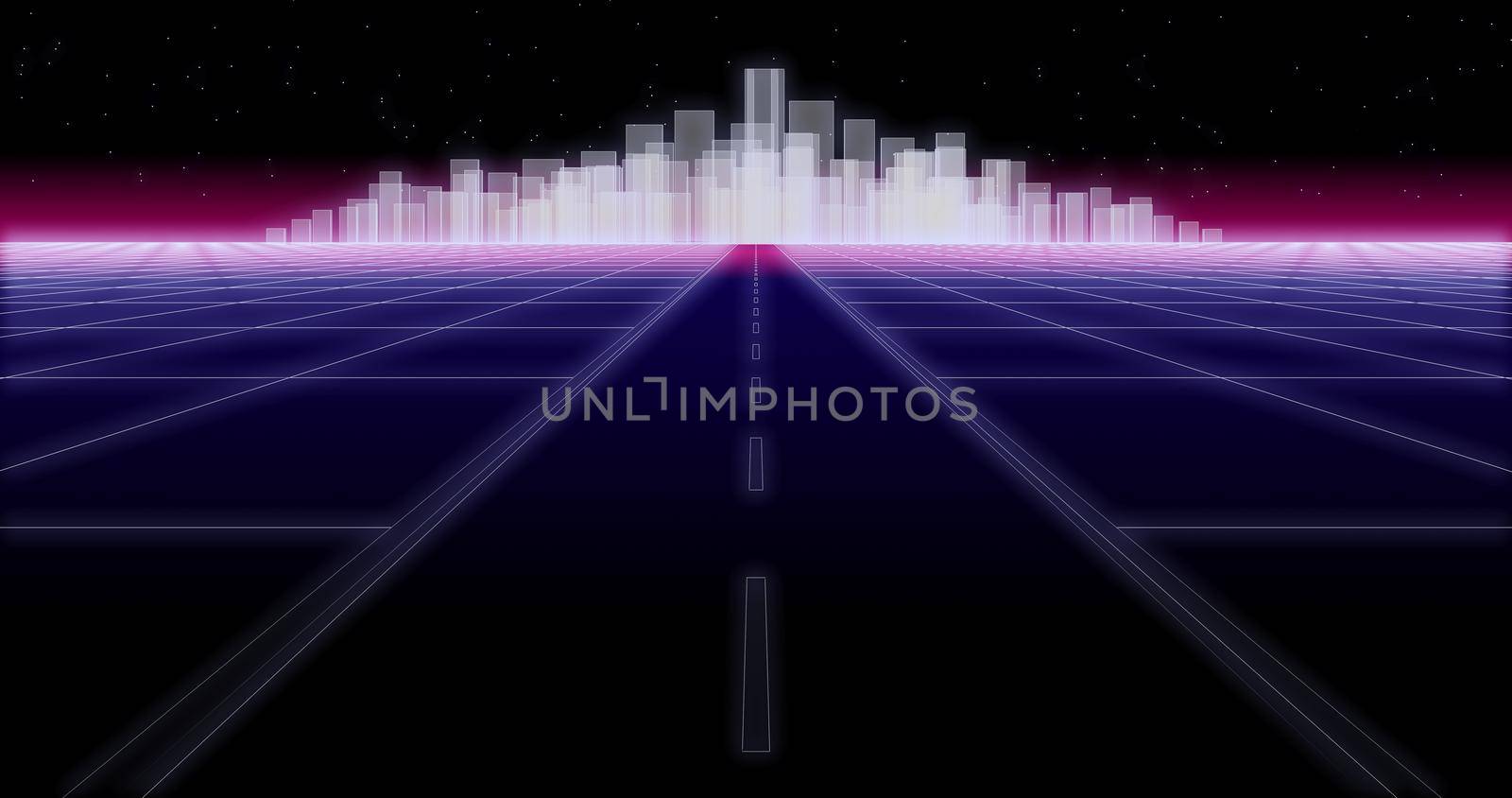 night city road 80s Retro Futurism wireframe Background 3d illustration render