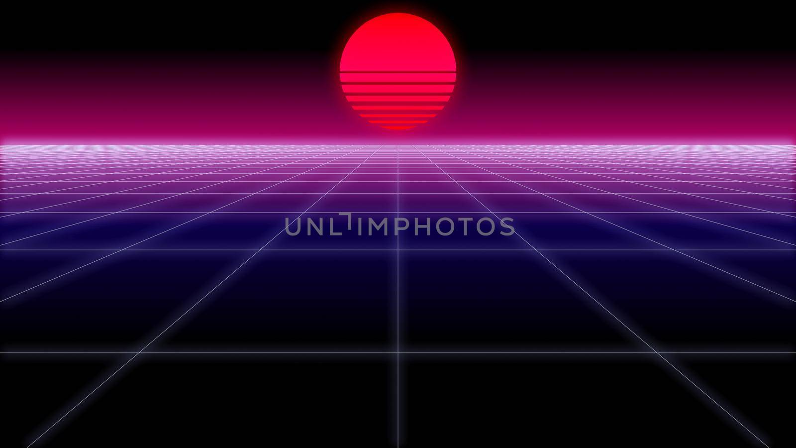 synthwave wireframe net and sun 80s Retro Futurism Background 3d illustration render