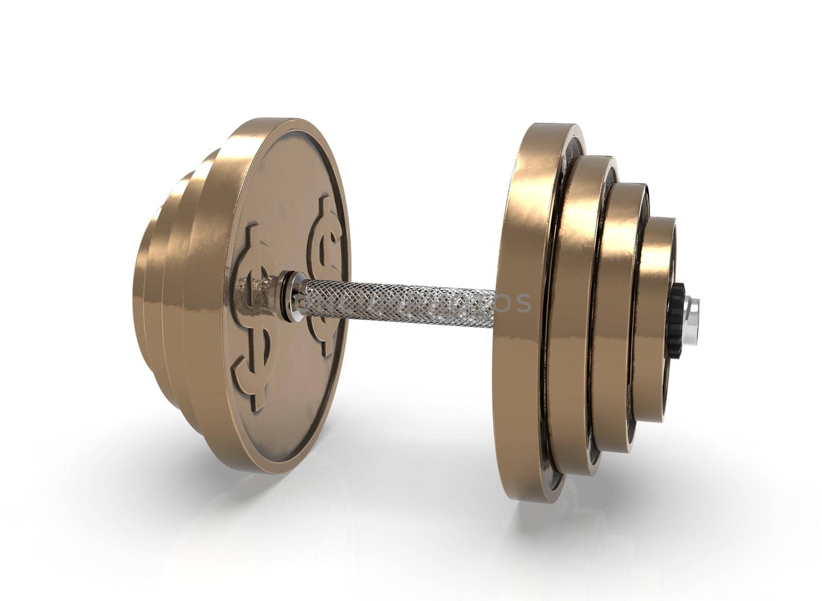 Bronze dumbbell made of a dollar coin on a white background 3d-rendering.