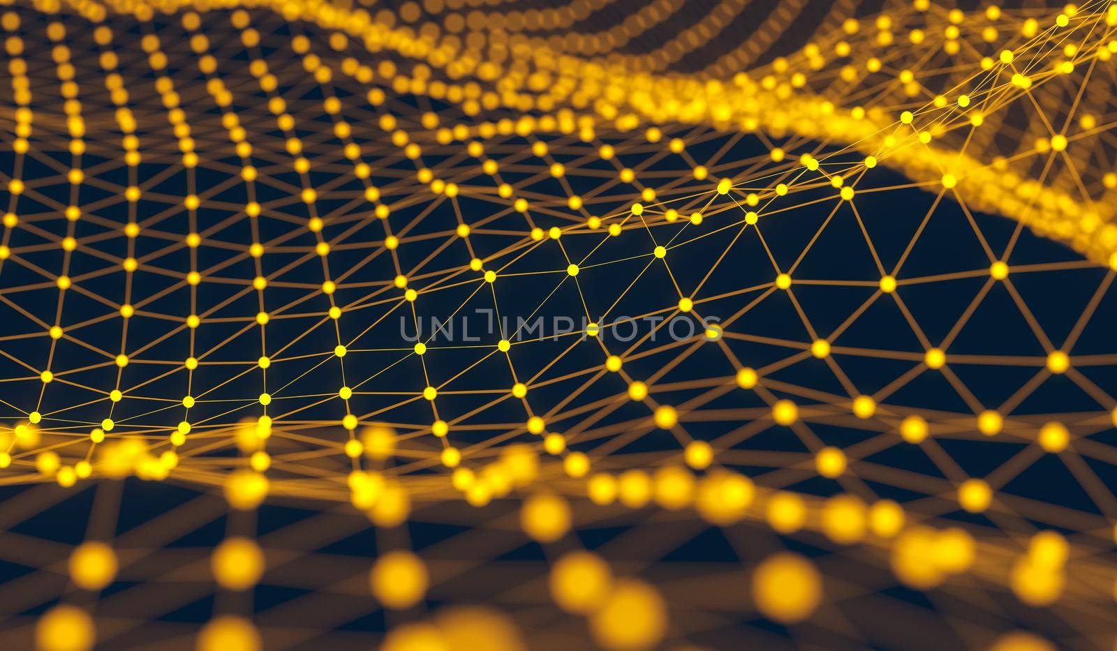 Blockchain network , Machine learning , deep learning and neural networks concept. Yellow Distributed connection atom with black background , 3d rendering