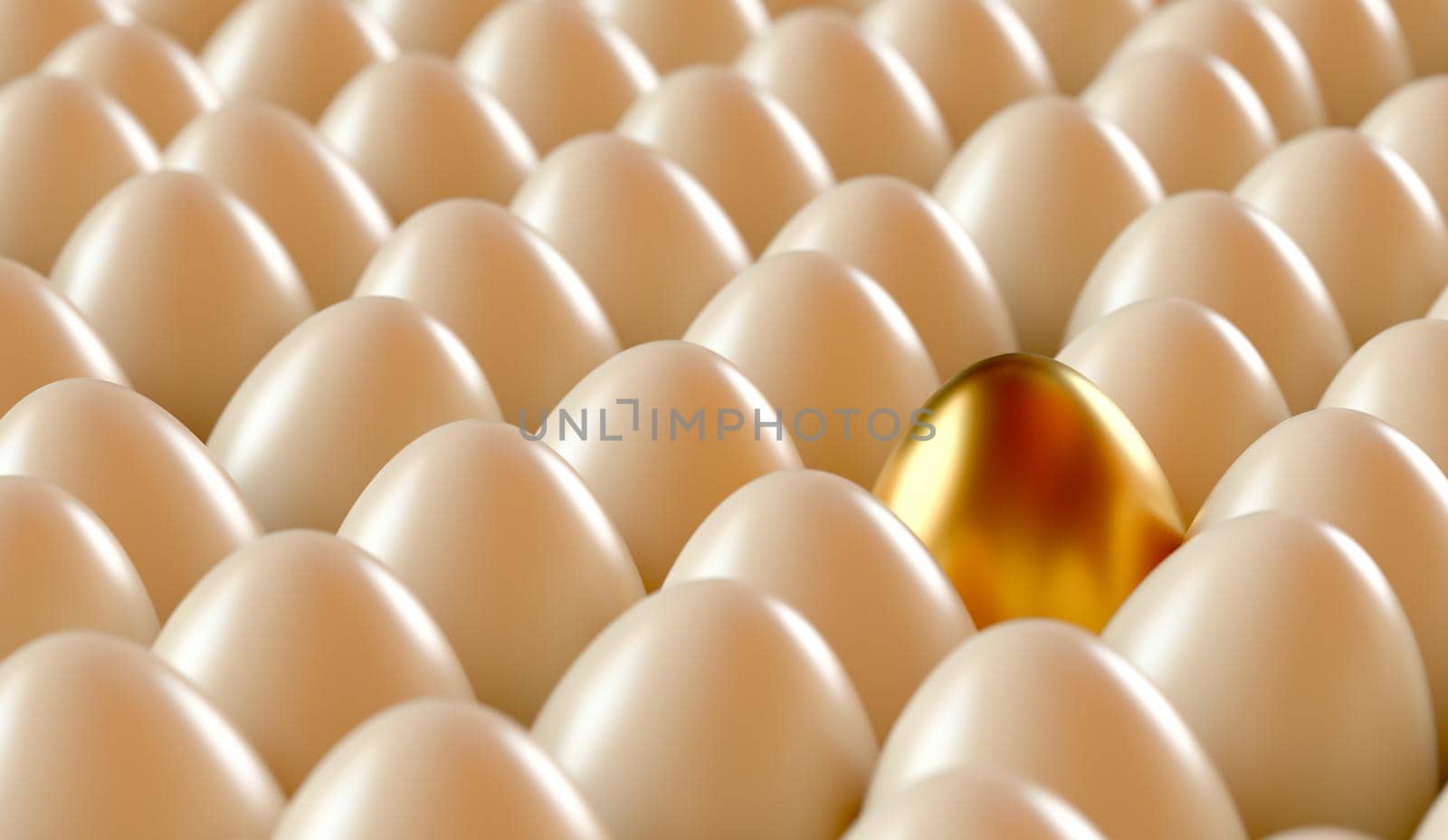 One gold egg among the usual ones, 3D rendering illustration.