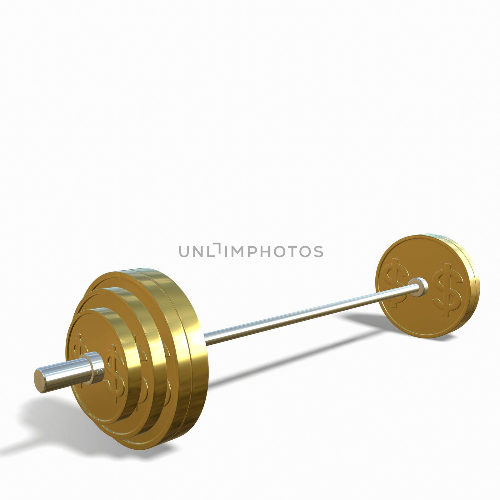 Gold barbell with a dollar sign on a white background 3d-rendering.
