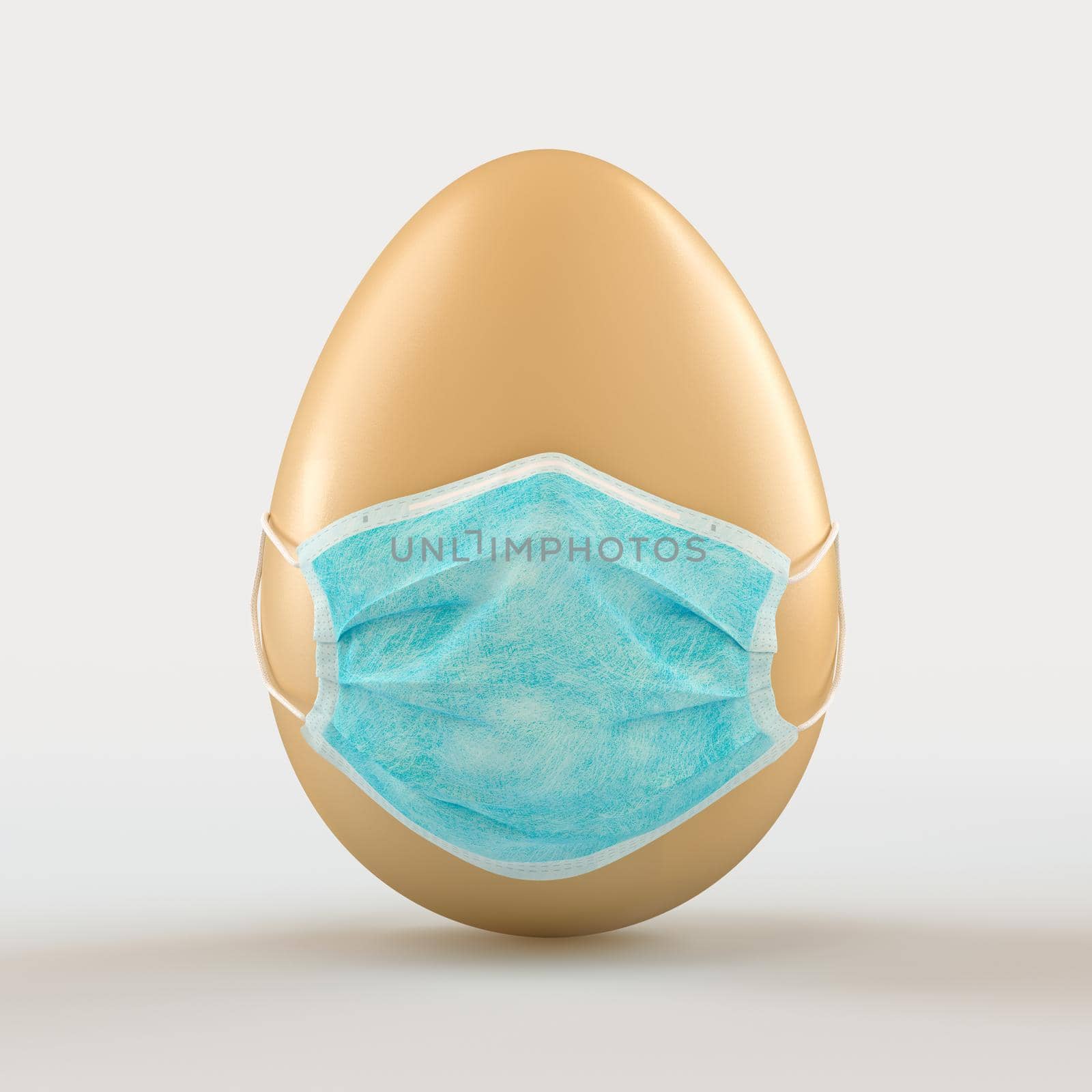 Realistic egg with medical disposable mask on white background, 3D rendering illustration.
