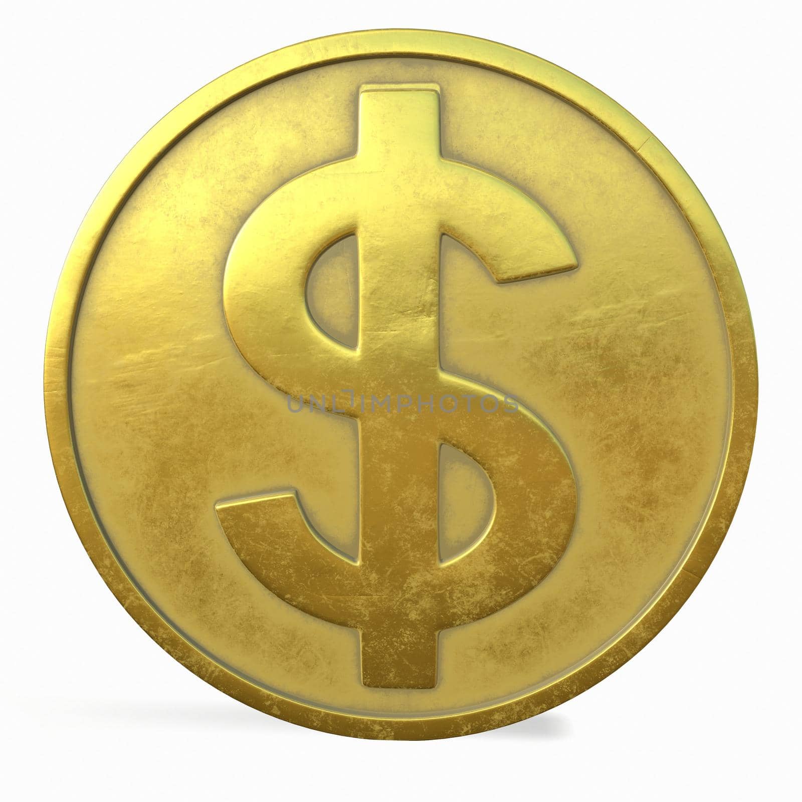Gold coin with a dollar sign on a white background 3d-rendering.