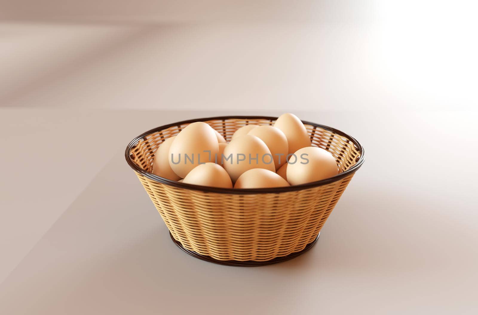 Brown eggs in the basket on white. 3D rendering illustration.