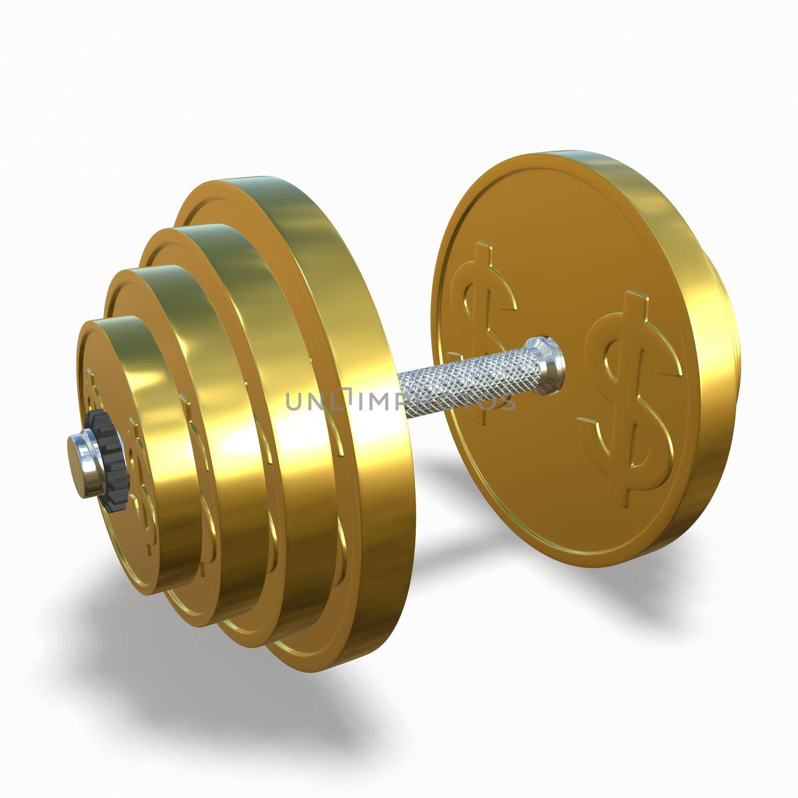 Gold dumbbell with a dollar sign on a white background 3d-rendering.
