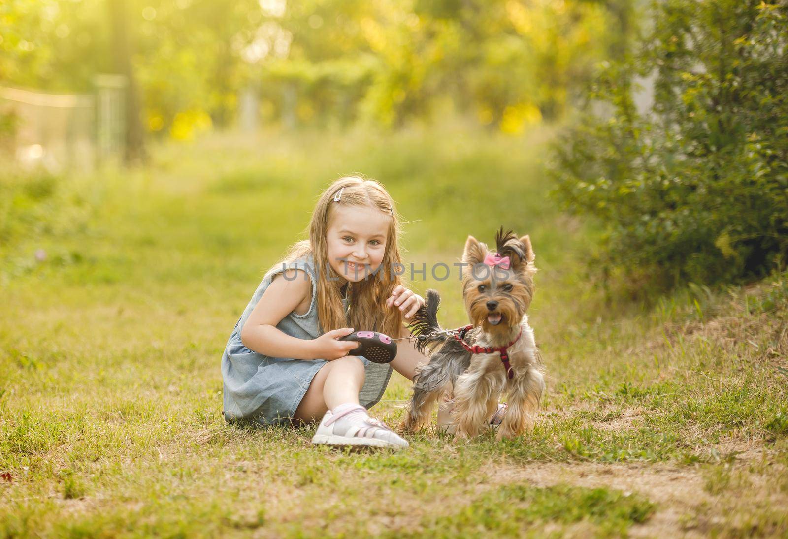 Cute little child girl sitting on the grass with her little Yorkshire terrier dog in the park