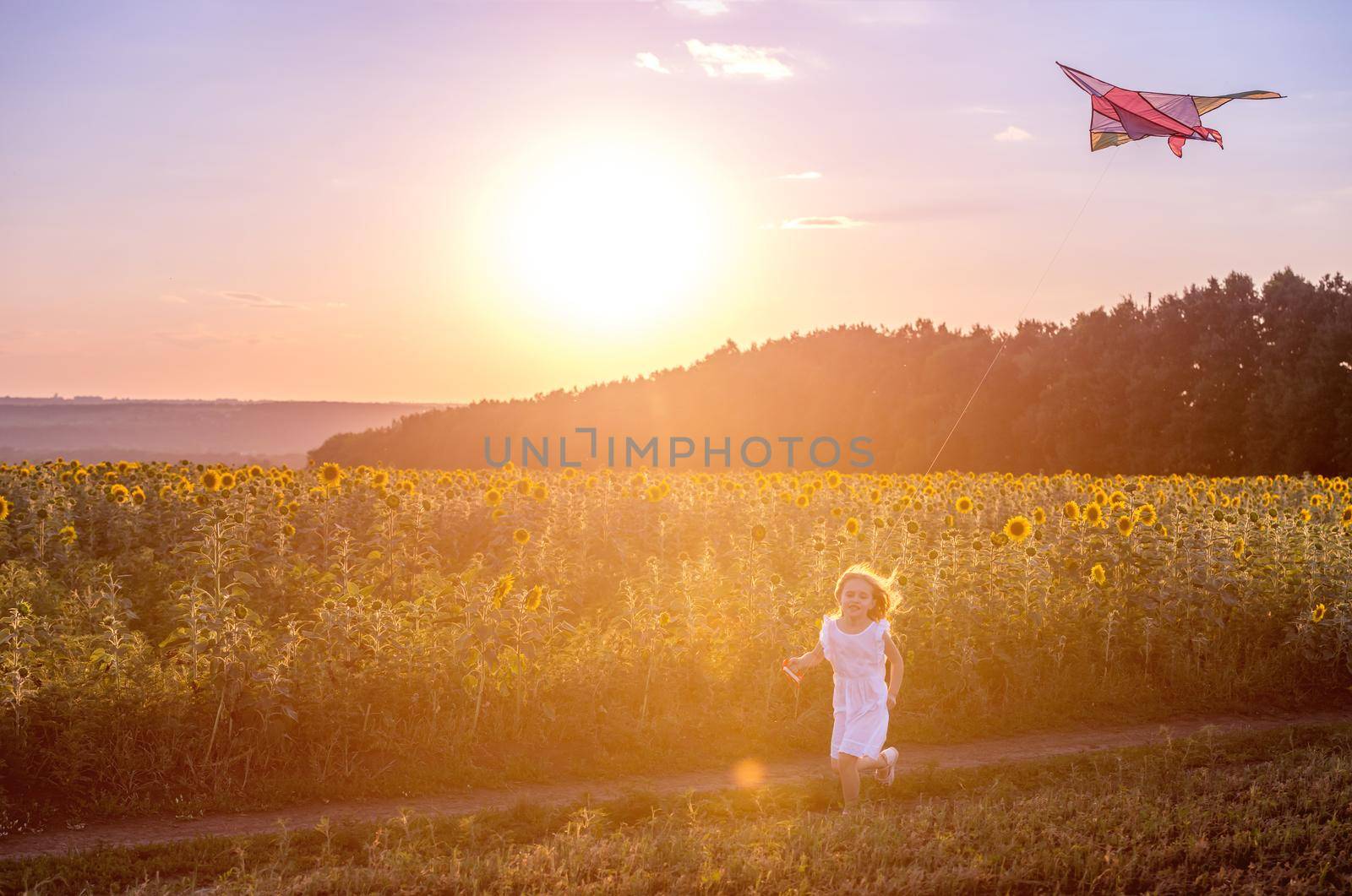 little cute girl in a white dress flying a striped kite in a meadow at sunset