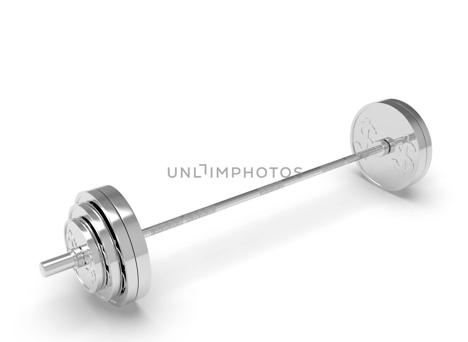 Silver barbell made of a dollar coin on a white background 3d-rendering.