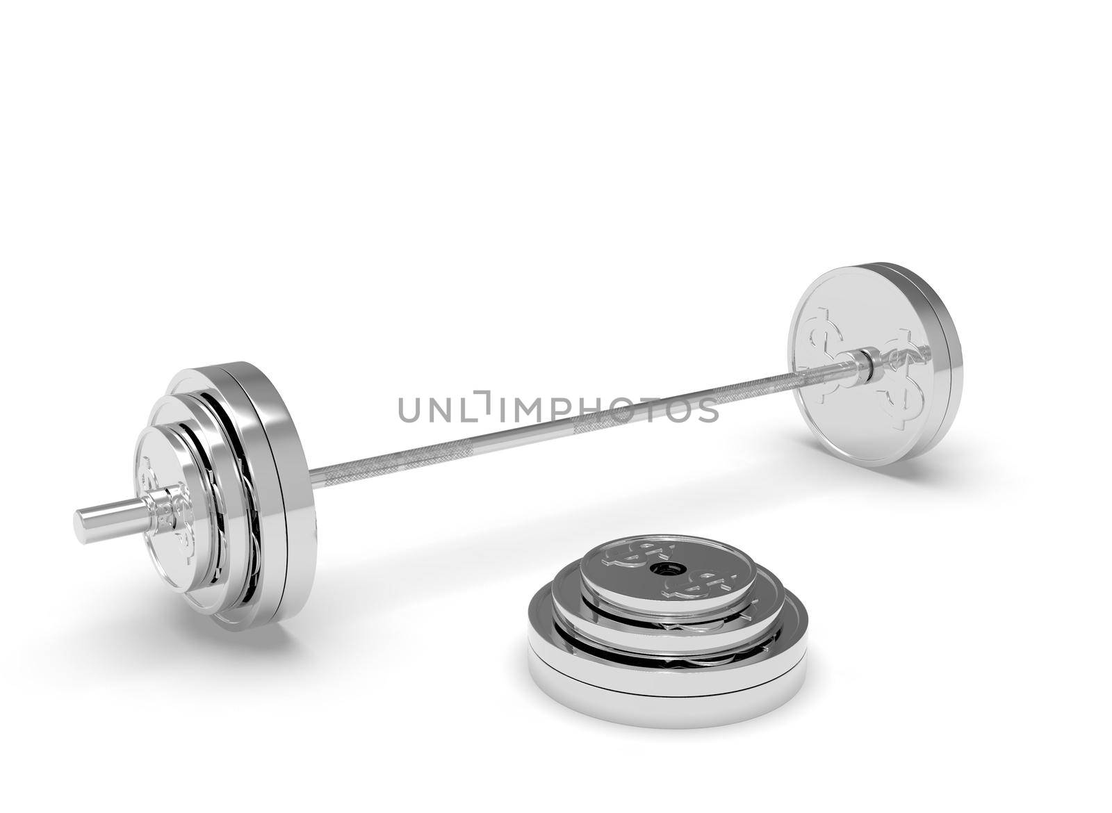 Silver barbell made of a dollar coin on a white background 3d-rendering.