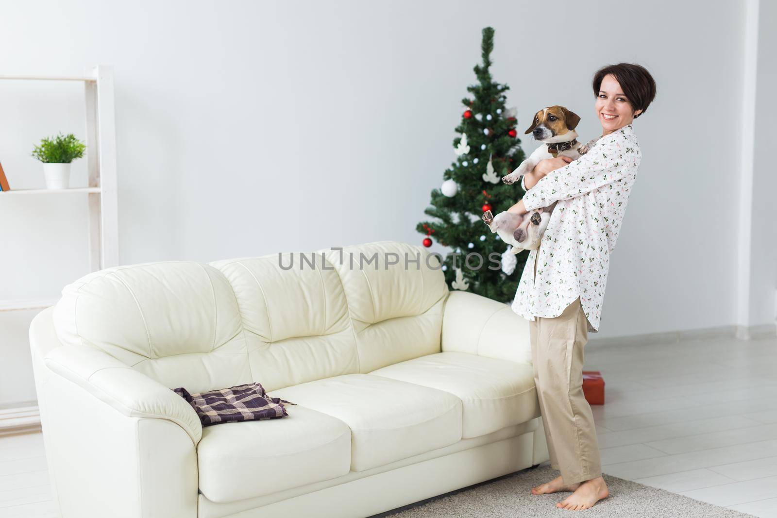 Happy woman with dog. Christmas tree with presents under it. Decorated living room.