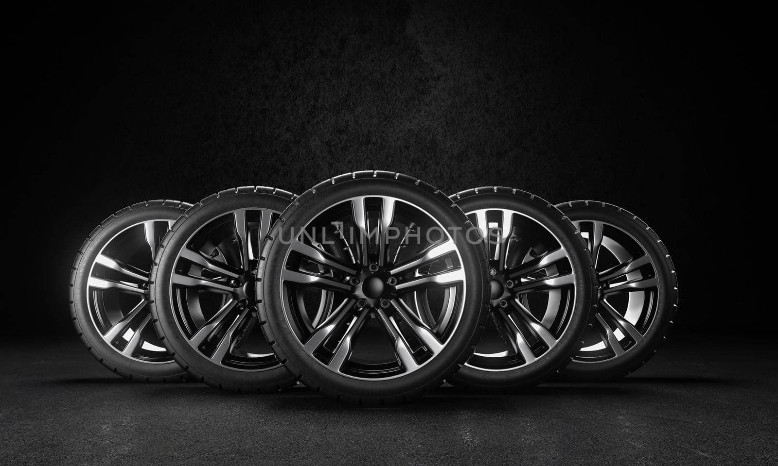 Five car wheels on asphalt and black background. 3D rendering illustration.
