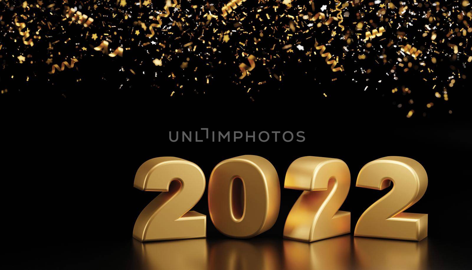 Happy new year 2022 and foil confetti falling on black background 3d render