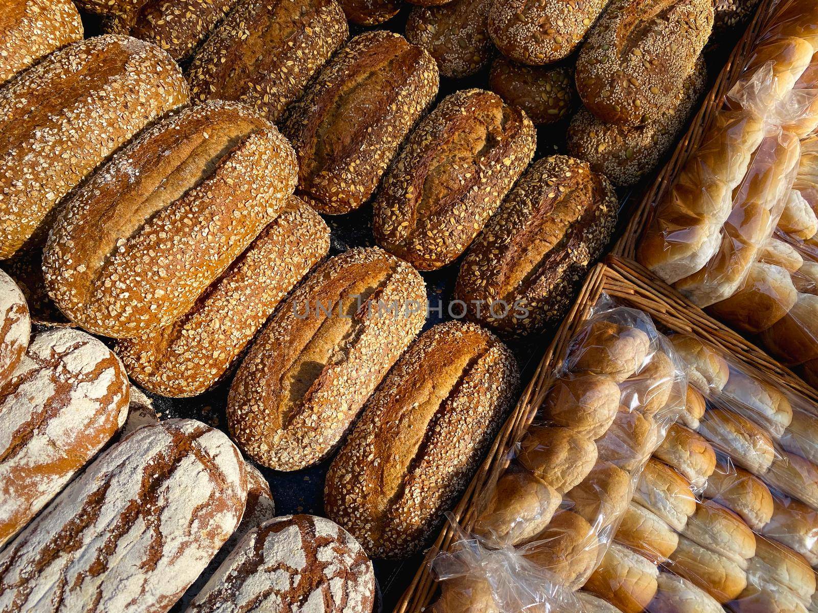 Different kinds of bakery product on the market in Utrecht, Netherlands