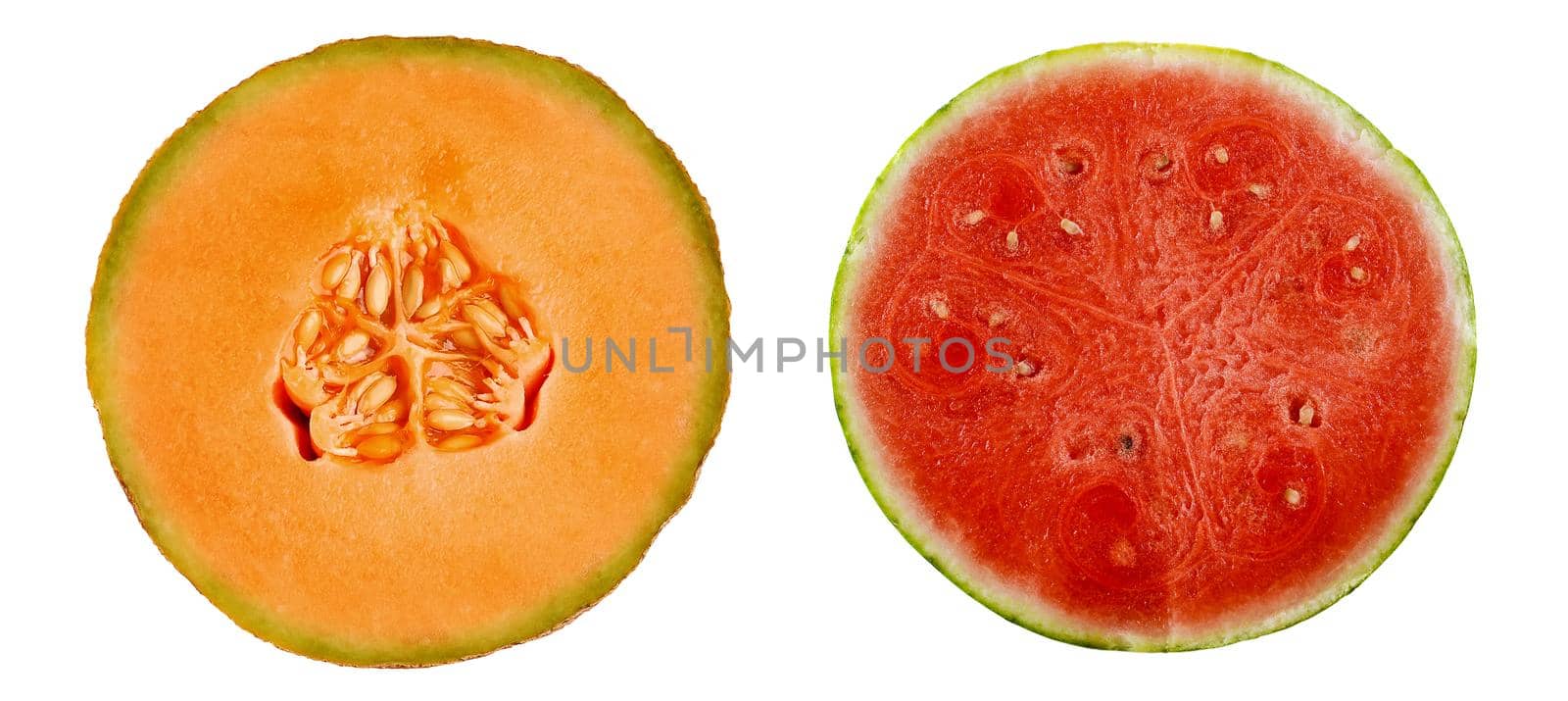 A half Cantaloupe Melon and a half Watermelon isolated oon white. by sCukrov