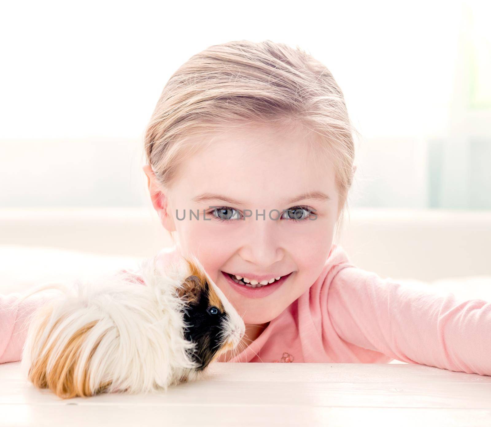 Smiling little girl hugging guinea pig by tan4ikk1