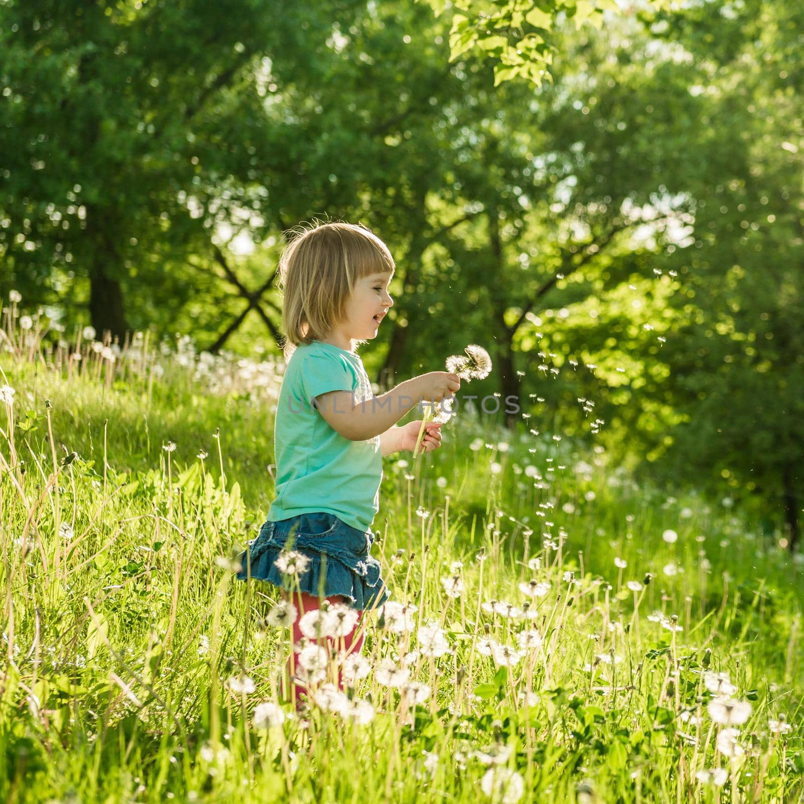 Happy little girl on the field with dandelions