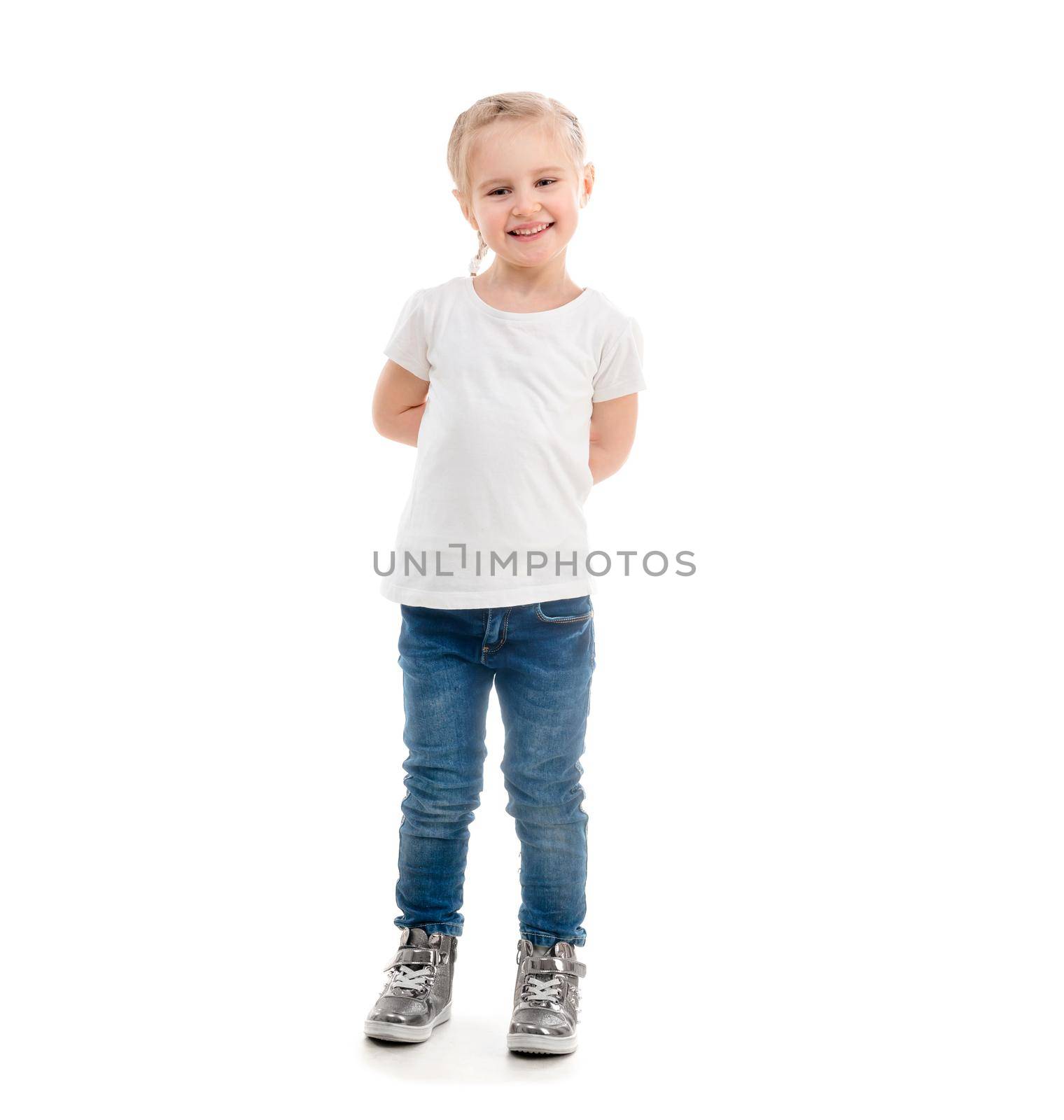 girl in t-shirt standing isolated on white background by tan4ikk1