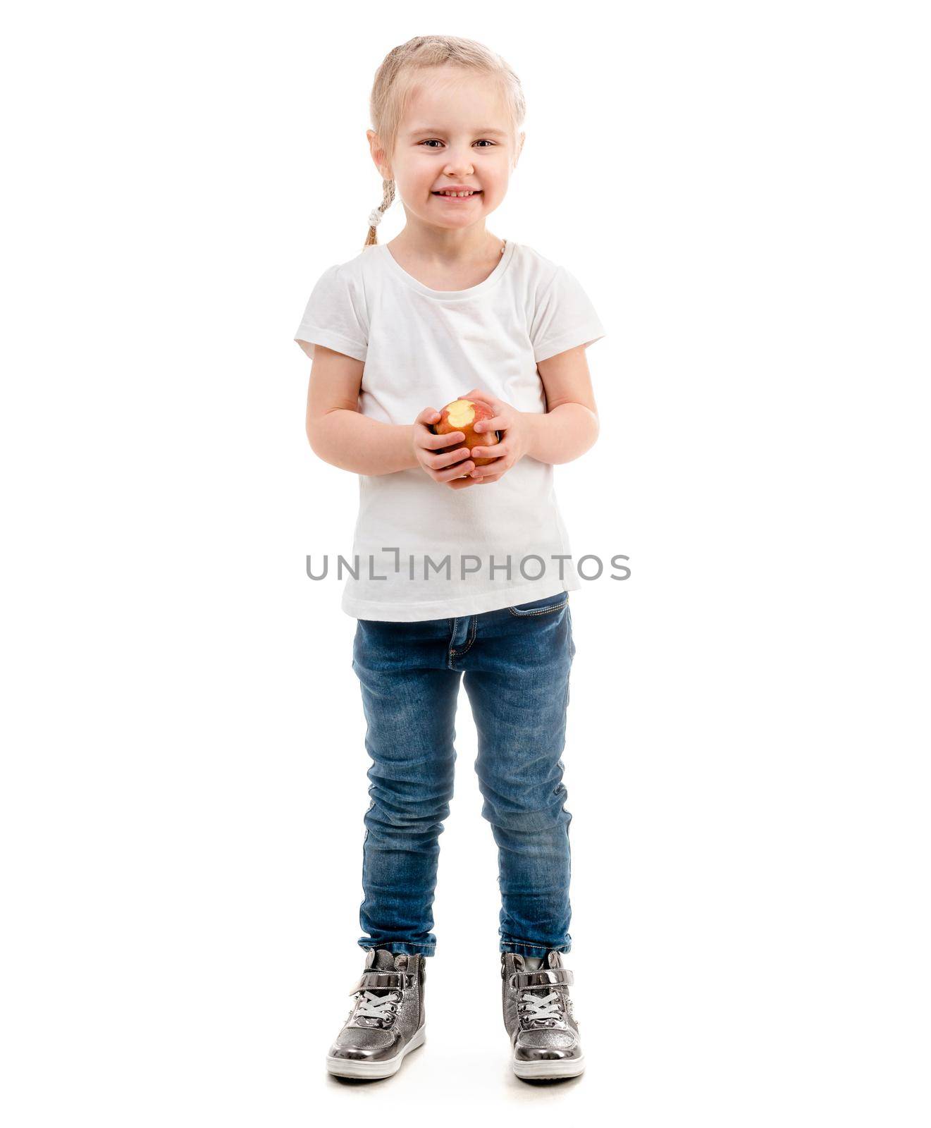Amazing girl with nice smile holding an apple, isolated on white background