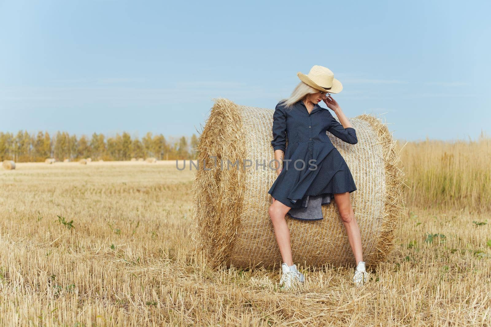 Beautiful girl villager posing in a dress near a bale of hay in a field