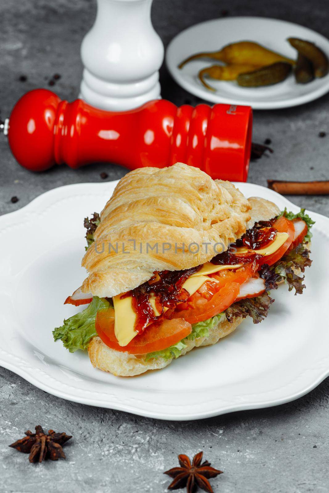 Delicious ham and cheddar cheese croissant with salad.