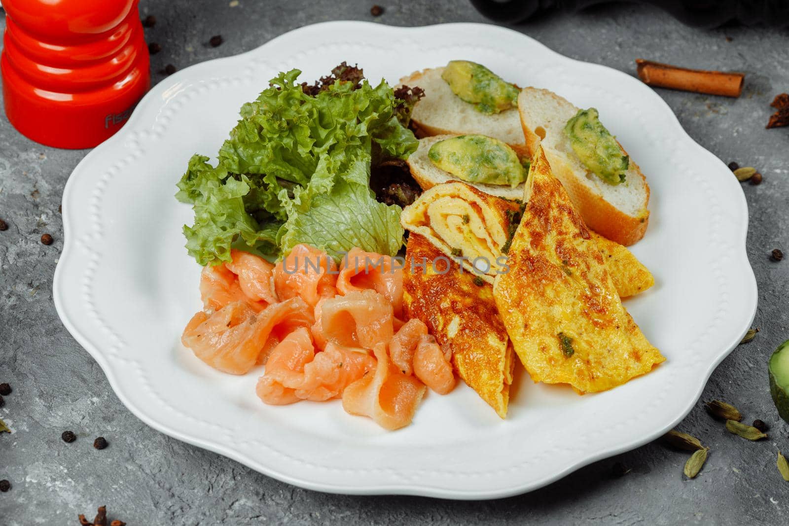 omelet with red fish and vegetables, beautiful serving by UcheaD