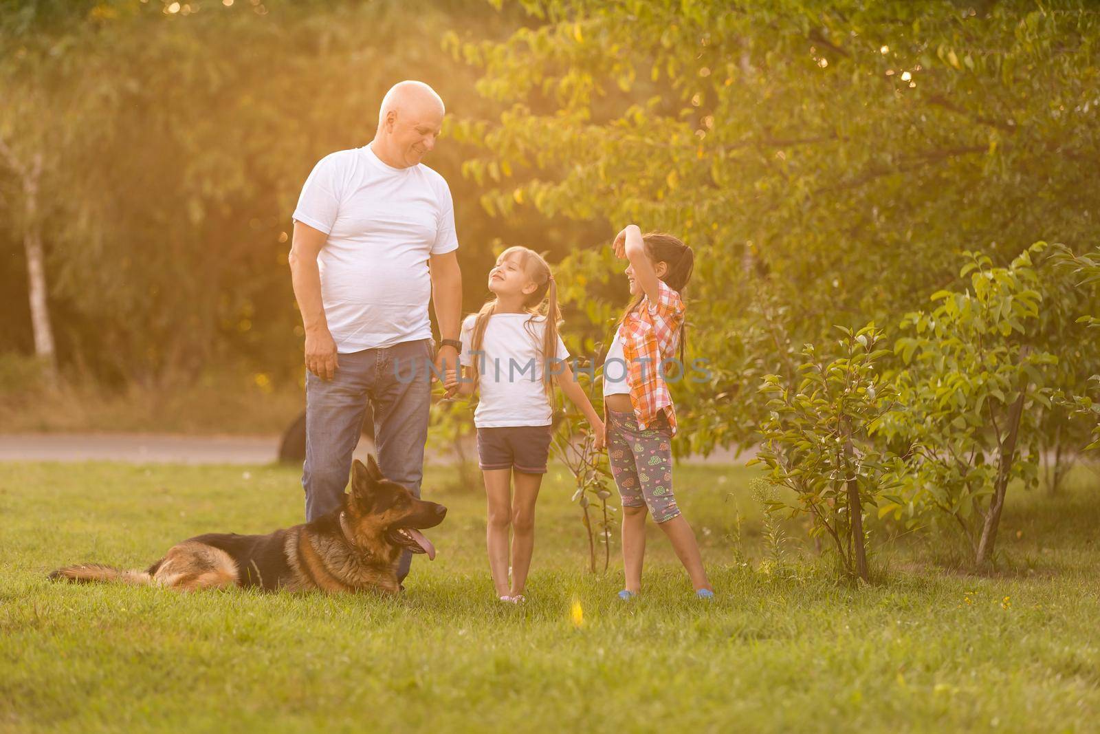 grandfather and two granddaughters are walking in the park by Andelov13