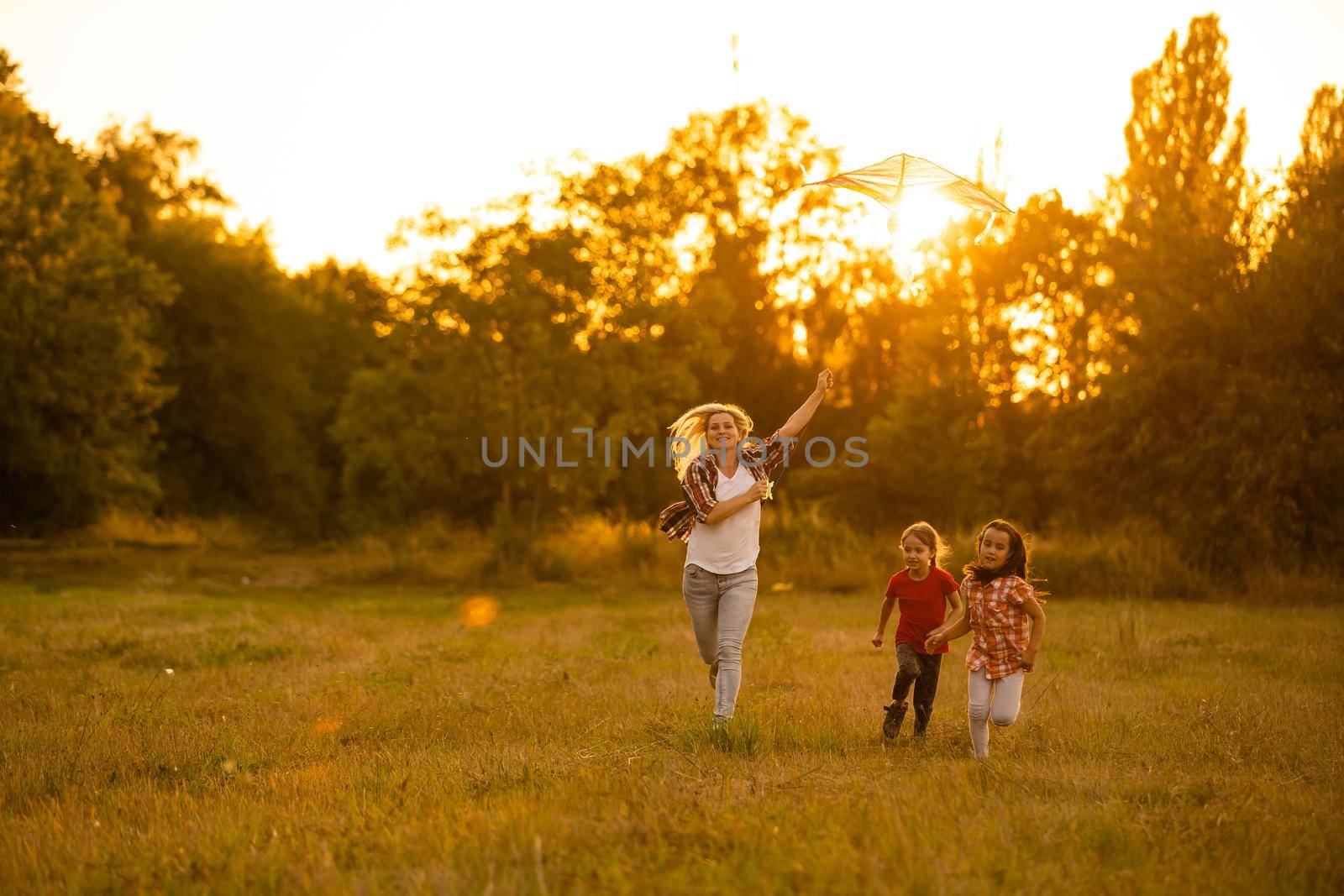 happy family mother and children run on meadow with a kite in the summer on the nature by Andelov13