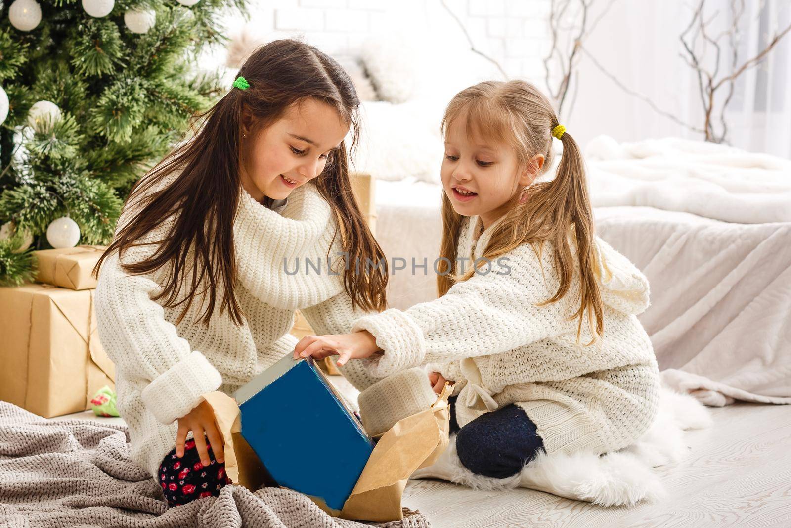 two little girls Sharing a Surprise on Christmas Morning.