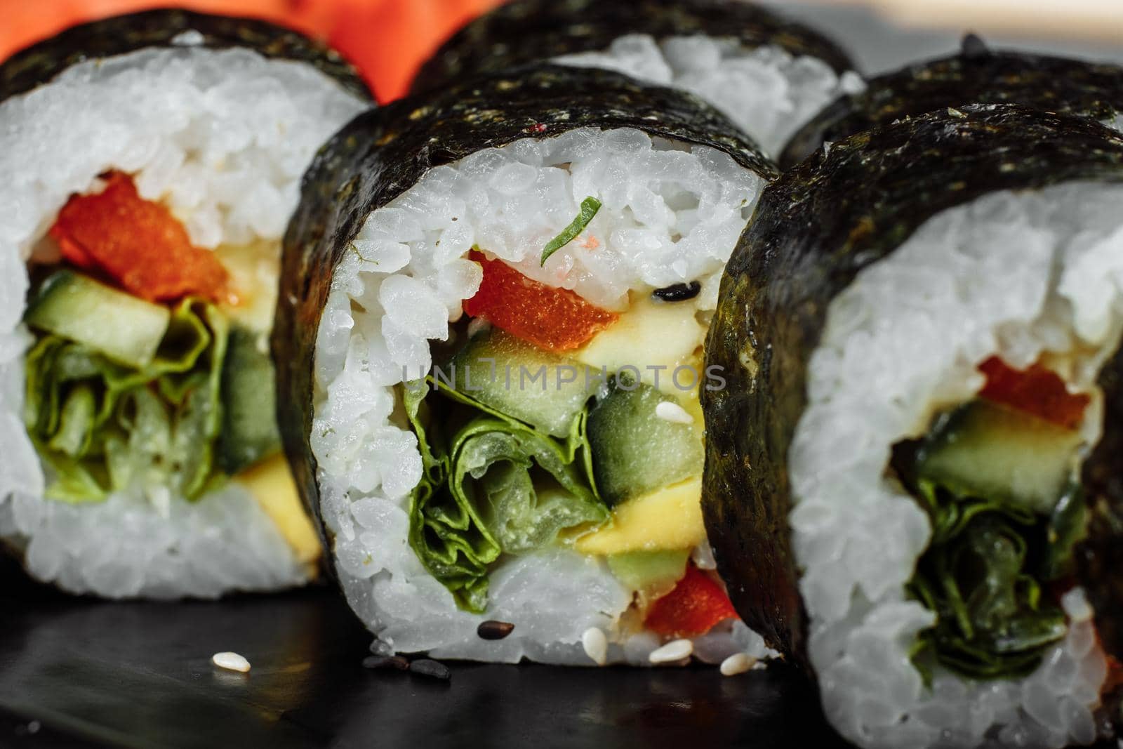 Vegetarian Maki Sushi - Roll made of Tomato, Cucumber, Bell Pepper, Salad Leaf and Japanese Mayonnaise by UcheaD