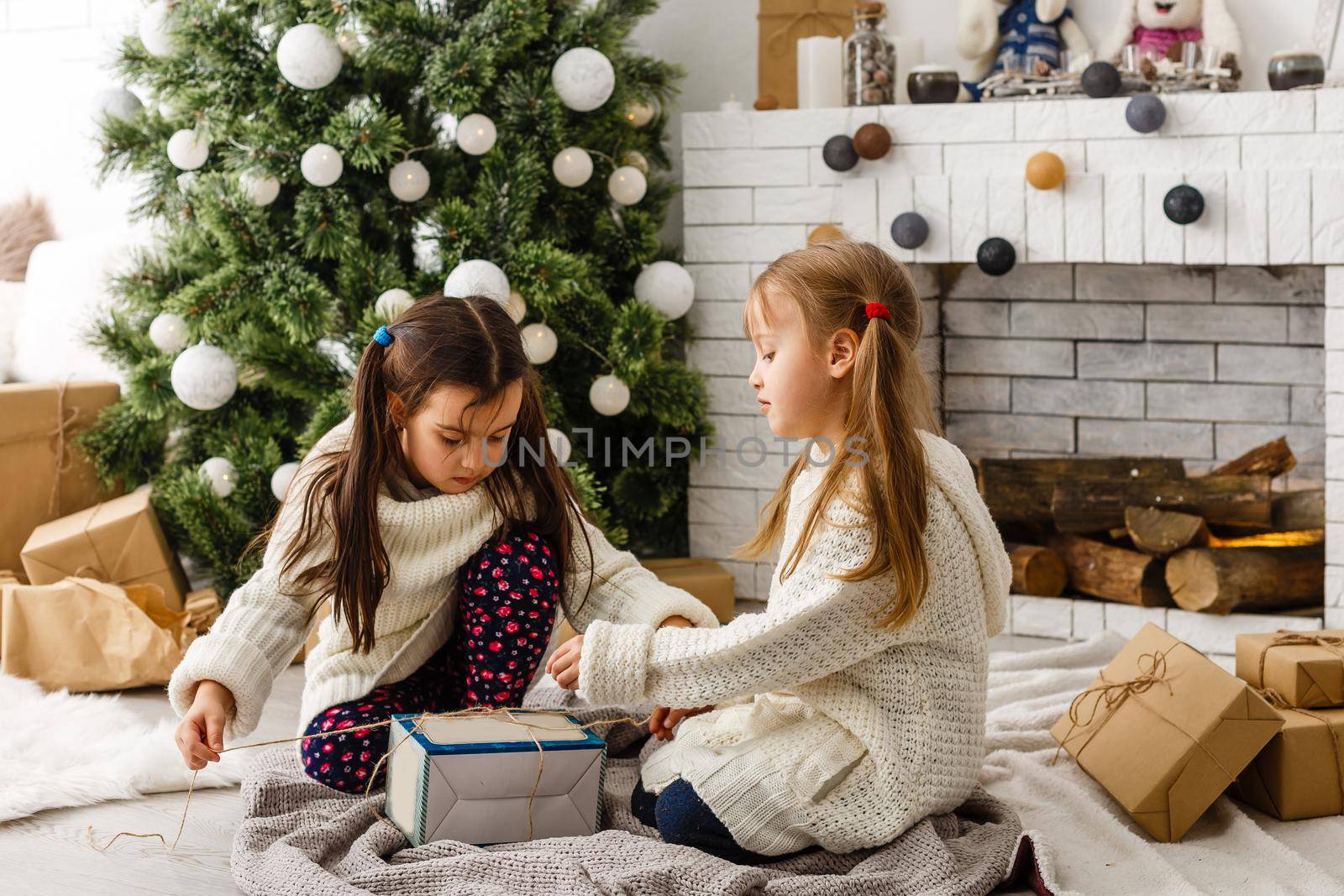 two little girls Sharing a Surprise on Christmas Morning.
