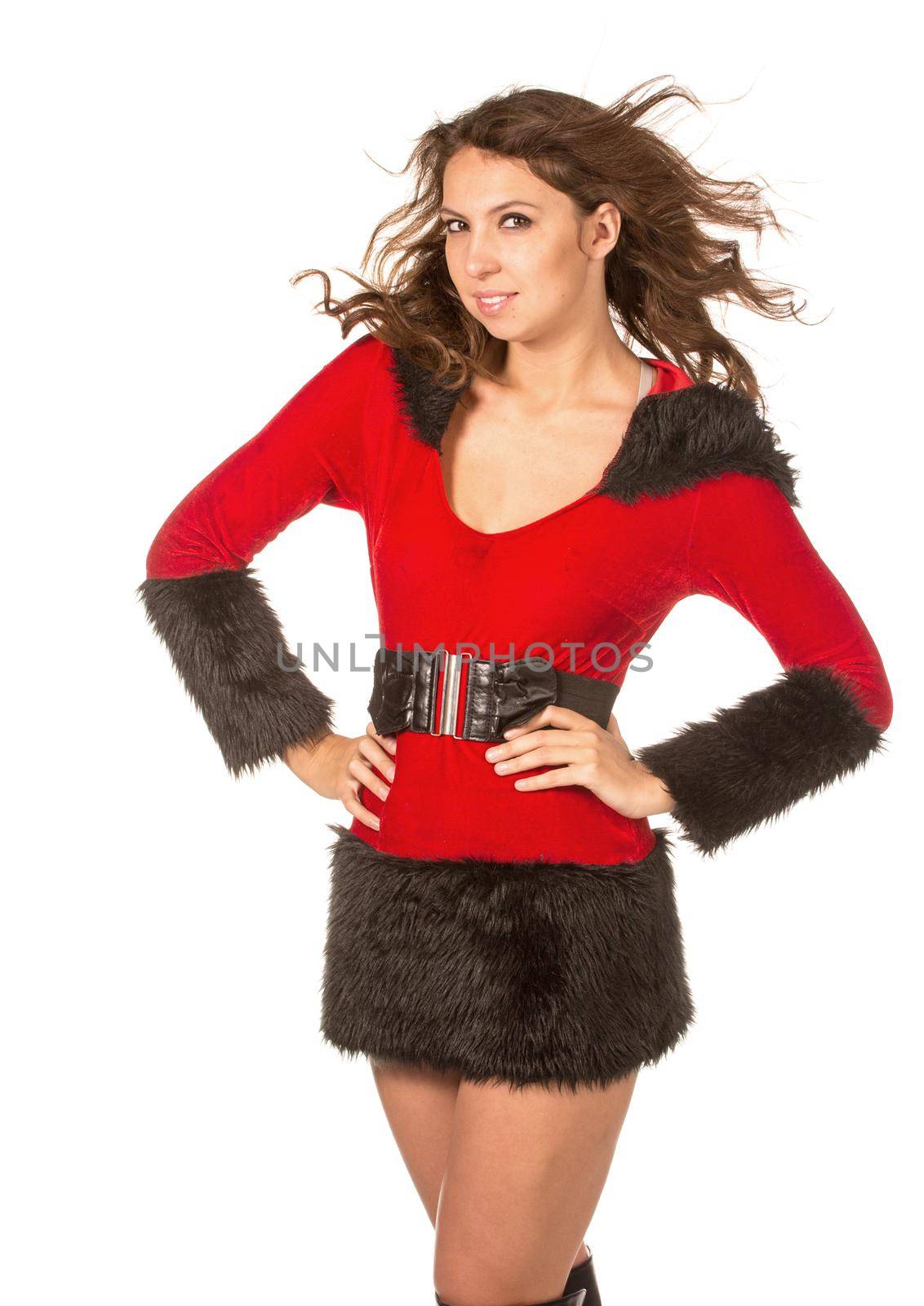 Beautiful young woman dressed with Christmas costume, isolated over white