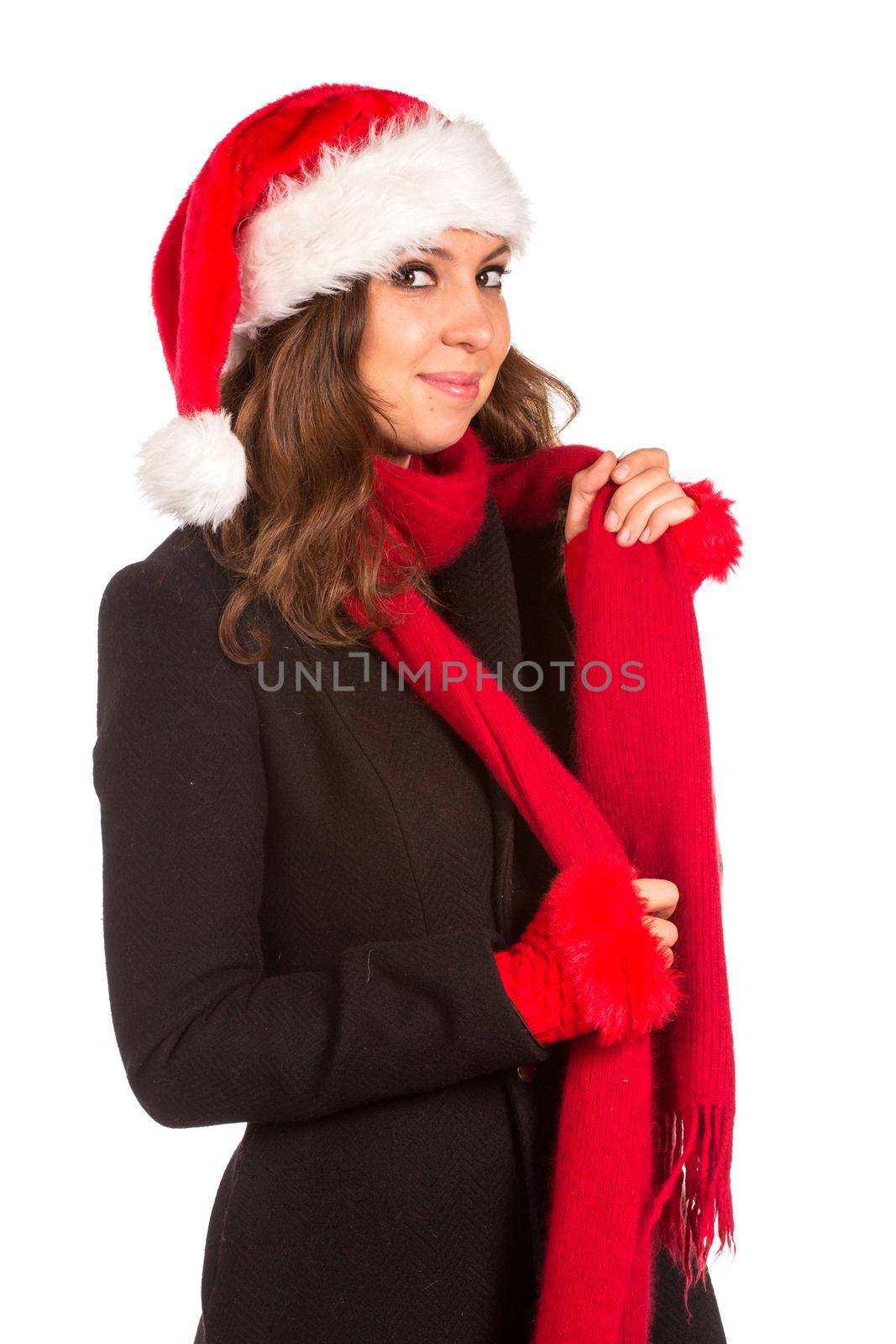 Christmas Woman. Beauty Model Girl in Santa Hat isolated on White Background.