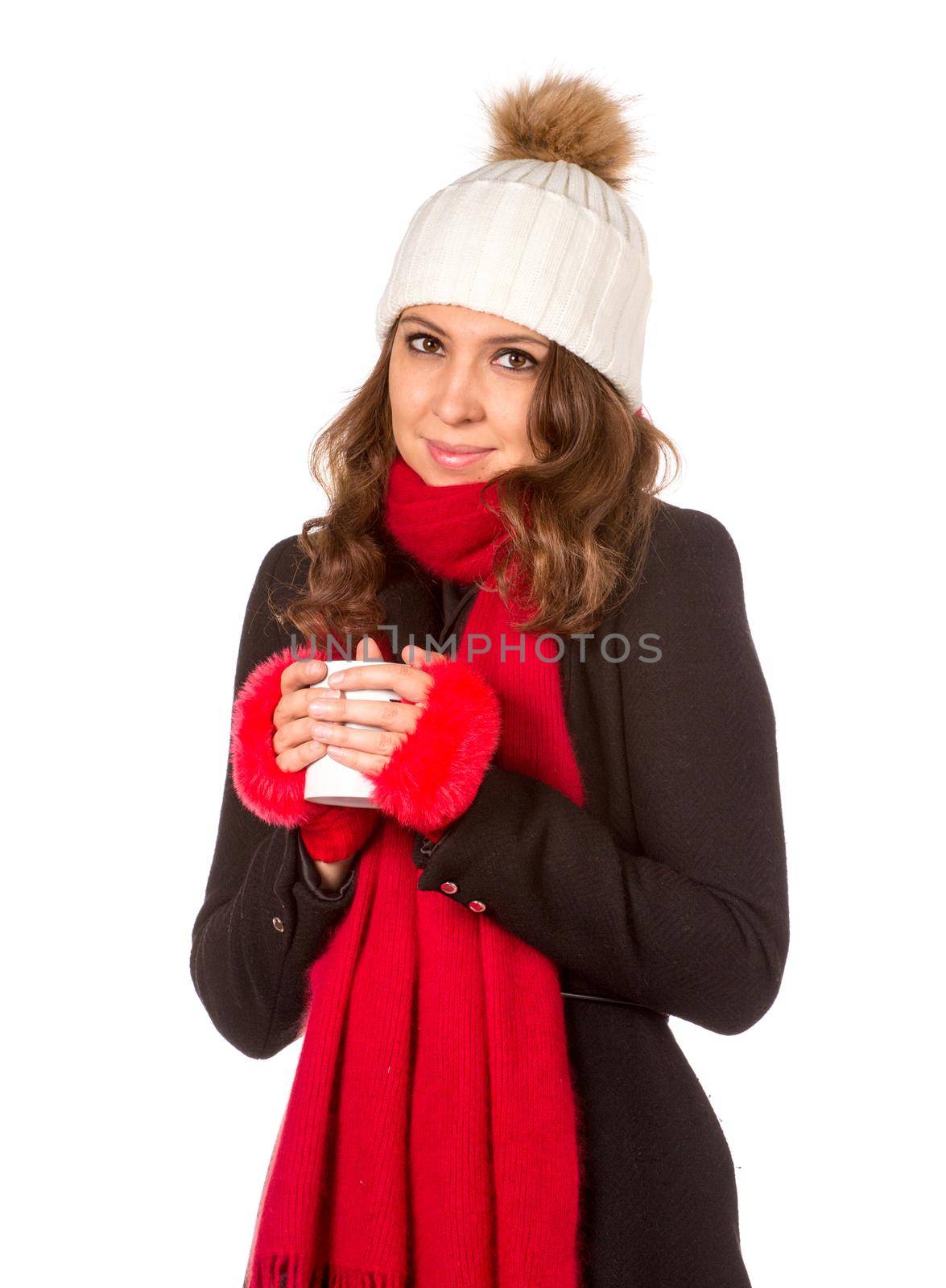 Beautiful woman holding white cup. Isolated over white.