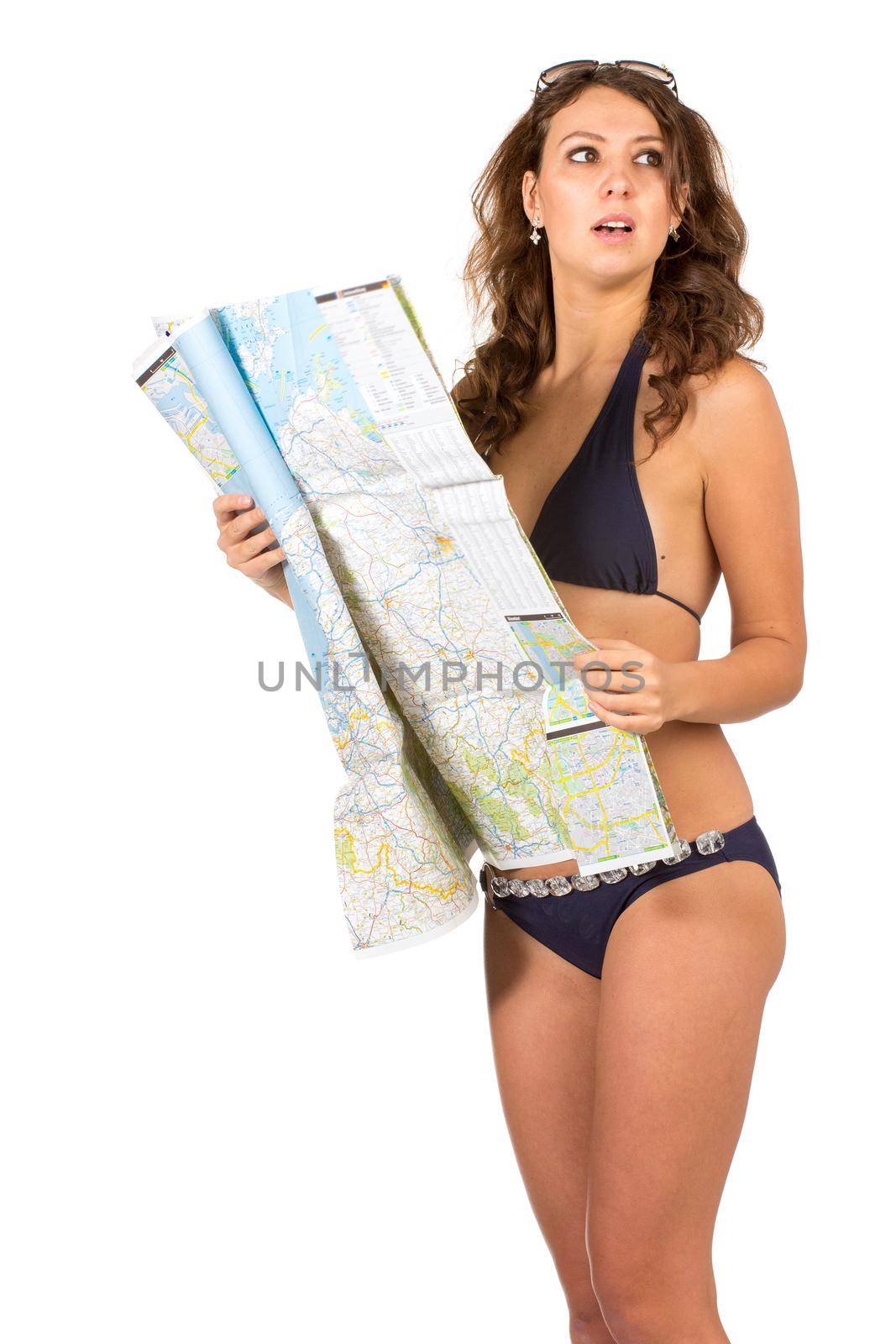 Vacation, people, tourist. Happy woman holding a map - isolated over a white background