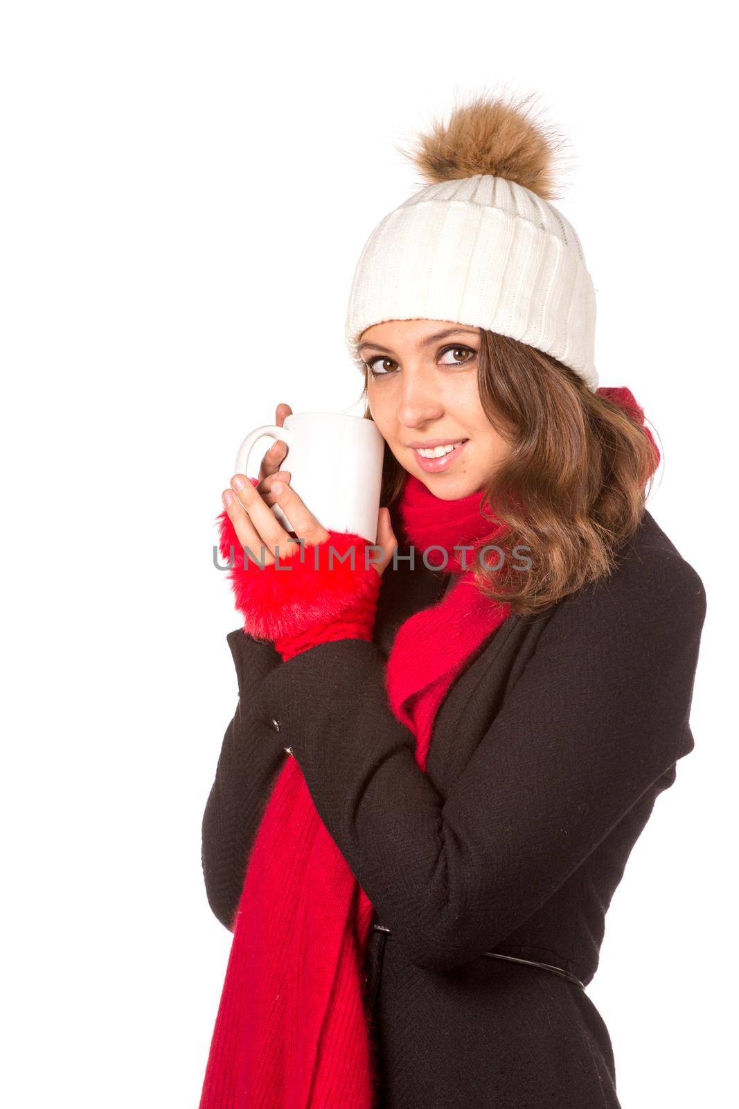 Beautiful woman holding white cup. Isolated over white.