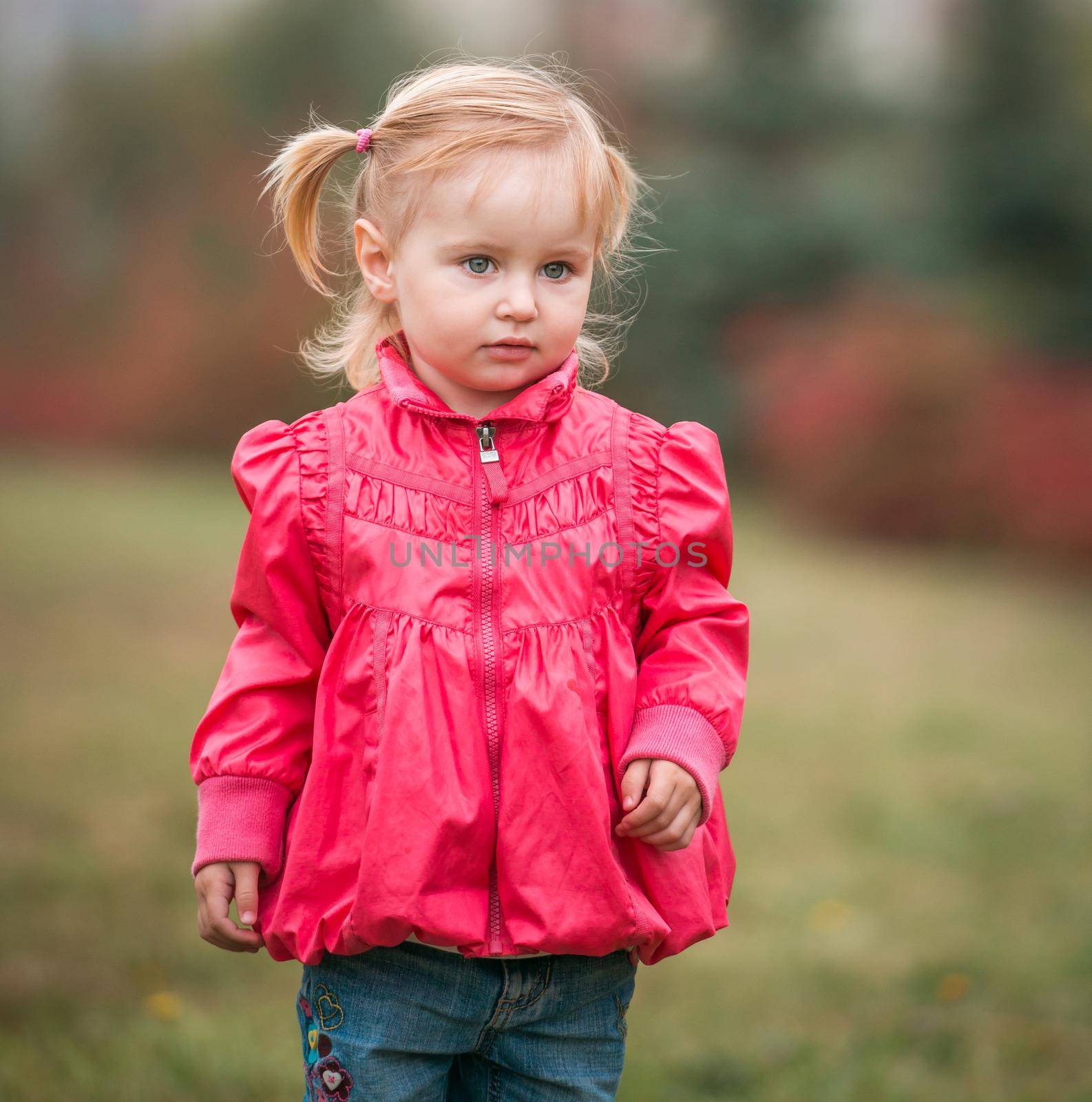 little cute girl on a warm autumn day on the walk