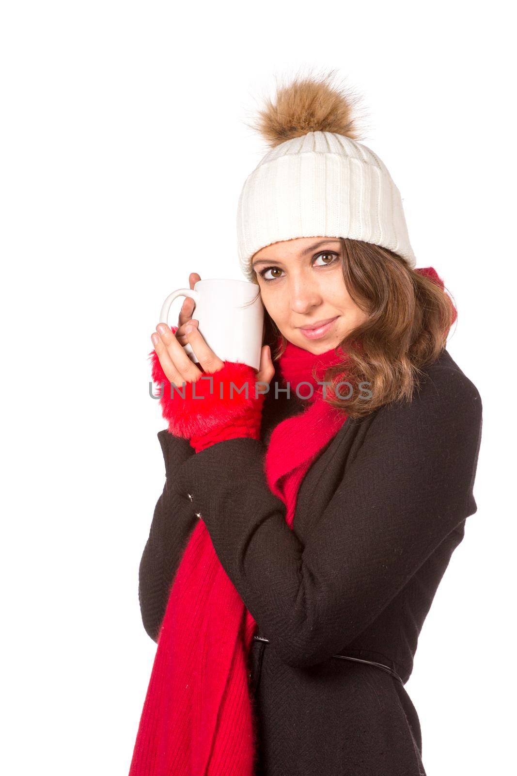 Beautiful woman holding white cup. Isolated over white.