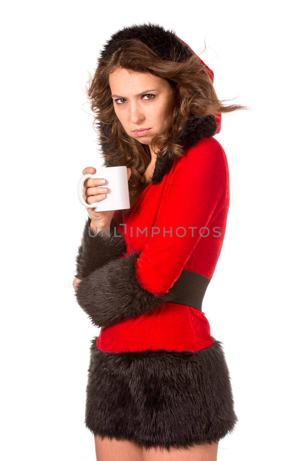 Pretty girl in christmas dress with cup of tea, isolated on white